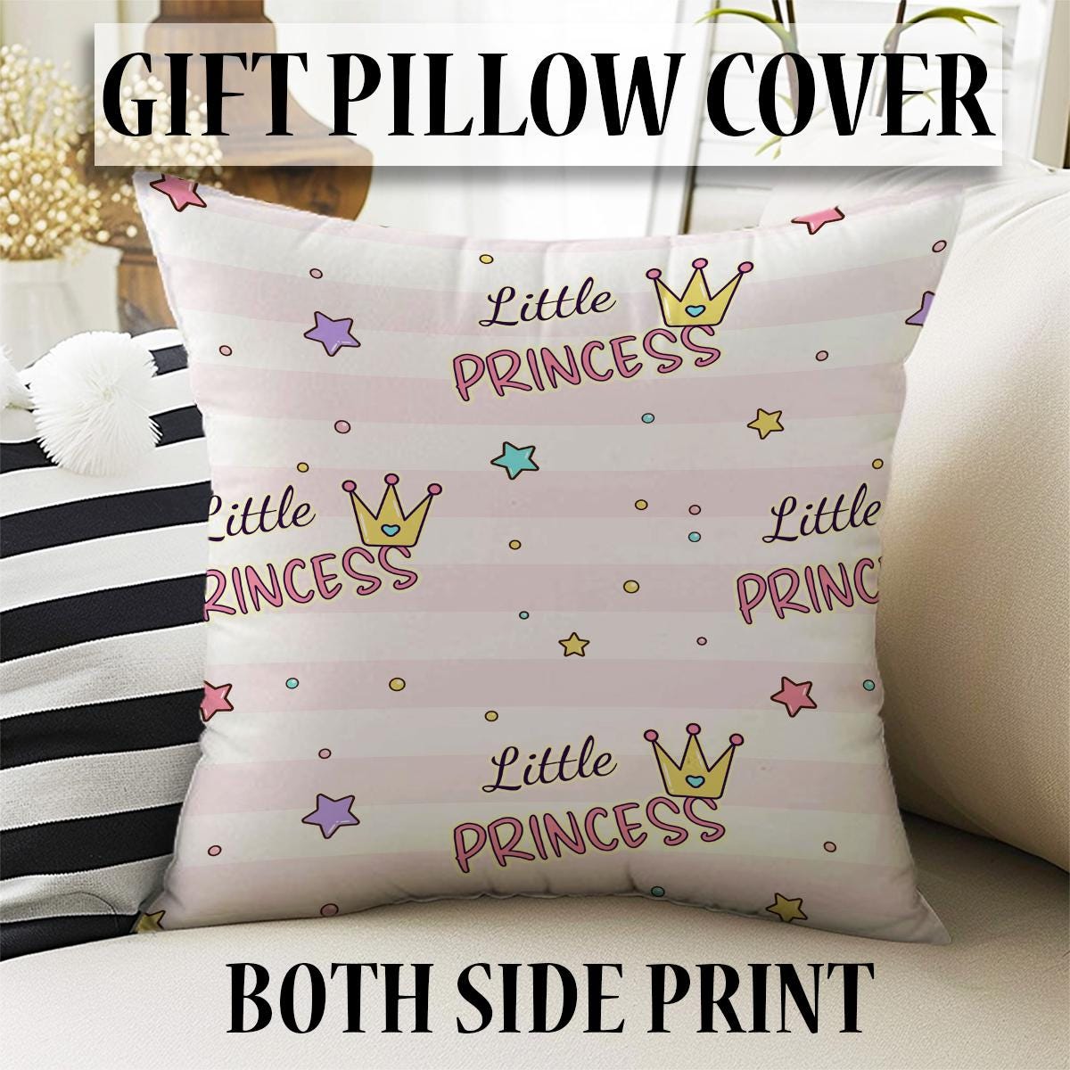 Kids Room Curtain Little Princess Crown Stars Pink Lines, Custom Size Window Drapes for Girls Nursery Decor