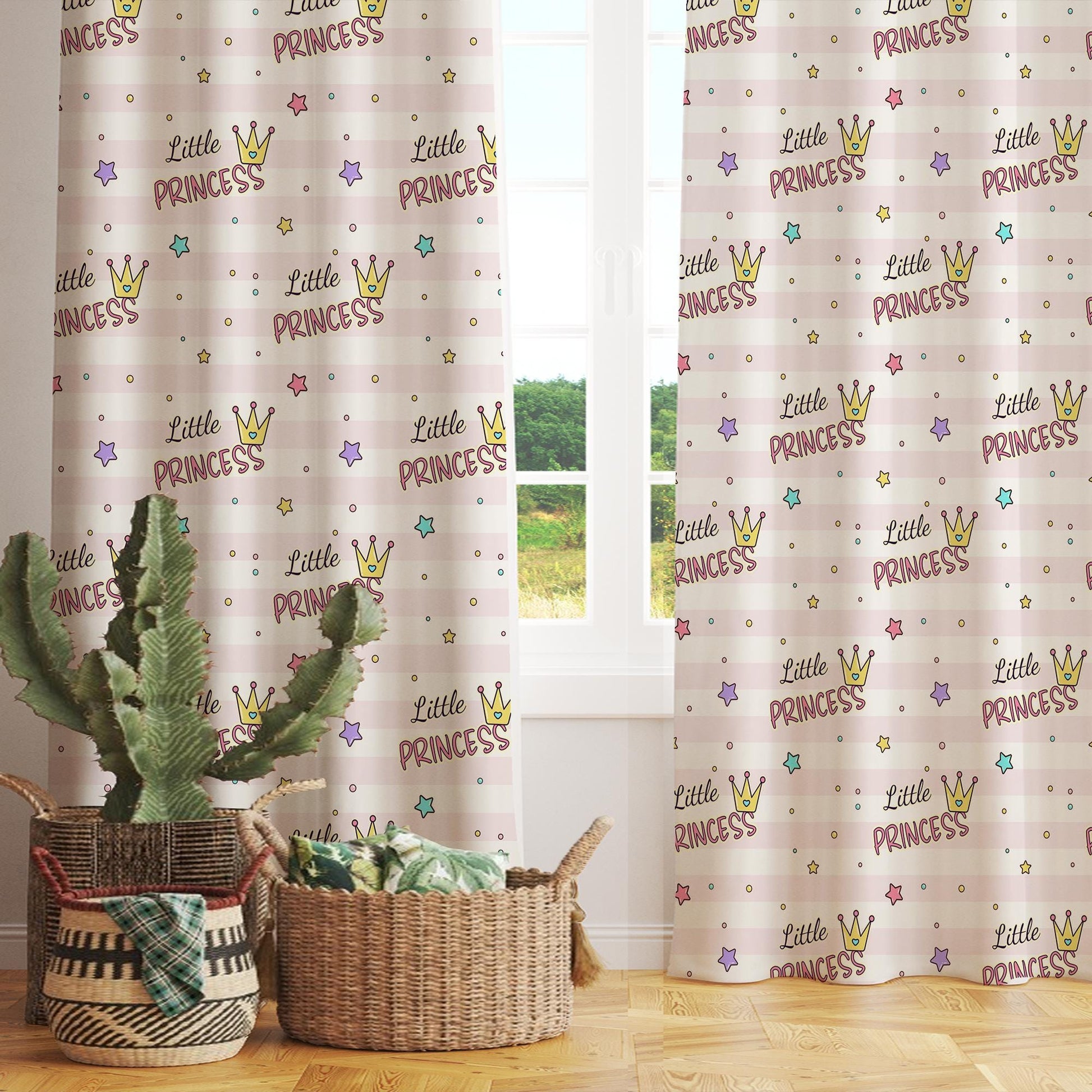 Kids Room Curtain Little Princess Crown Stars Pink Lines, Custom Size Window Drapes for Girls Nursery Decor