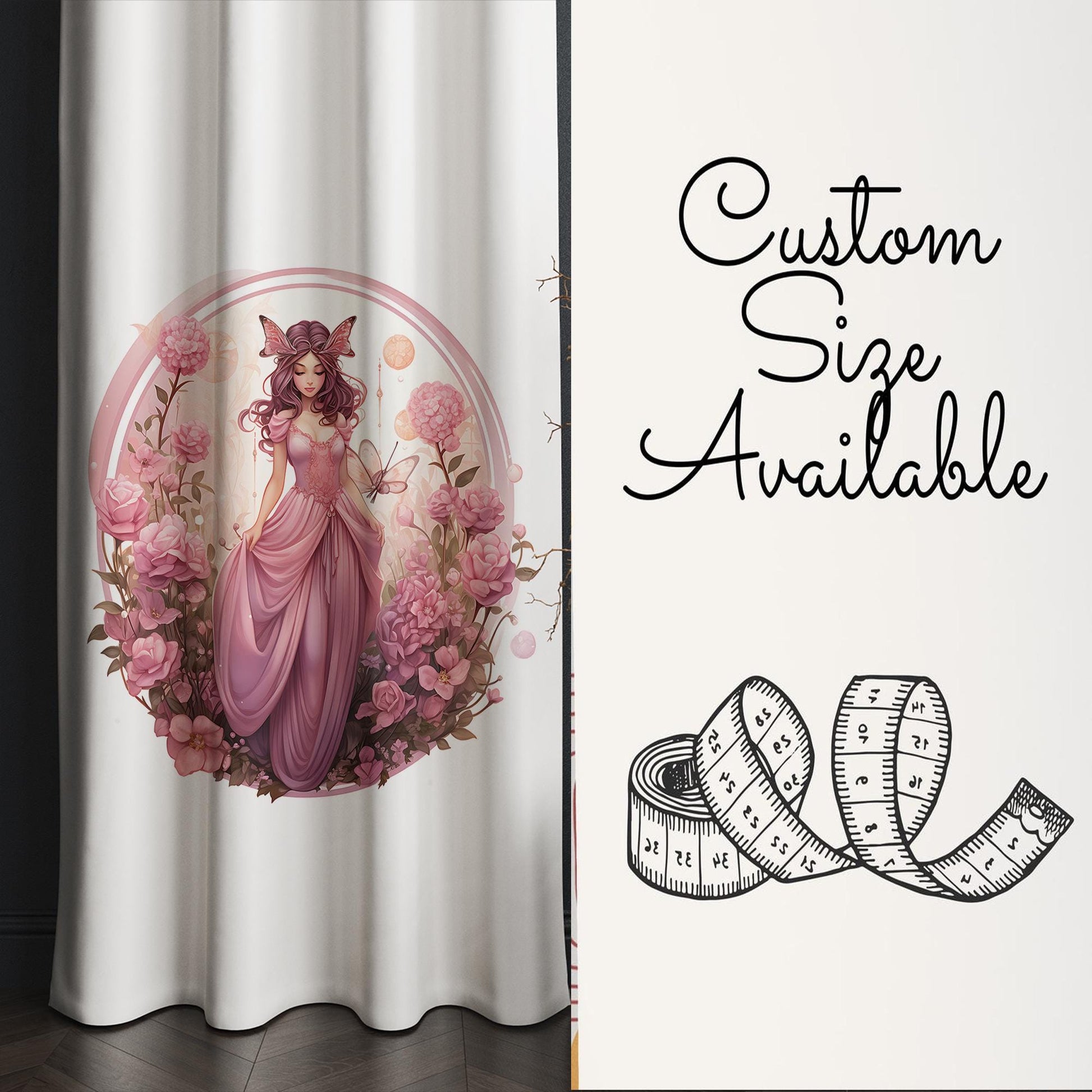Pink Floral Curtains for Girls Room, Fairy Tale Princess Window Drapes, Custom Size Kids Nursery Decor & Matching Pillow Covers Gift