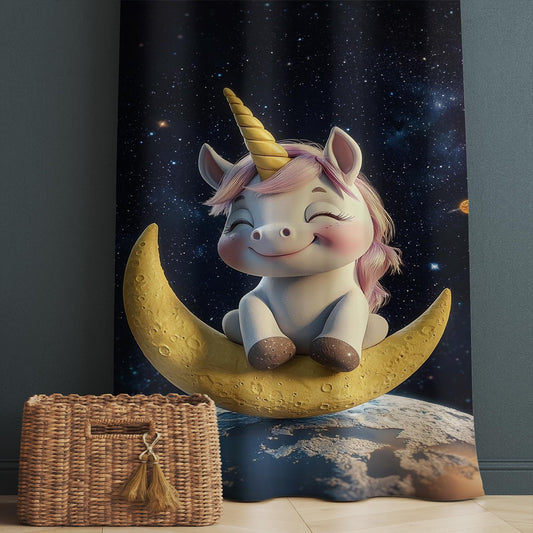 Baby Unicorn Curtains for Girls Room, Custom Size Window Drapes, Moon & Starry Night Decor, Kids Gift Pillow Cover, Nursery Window Treatment