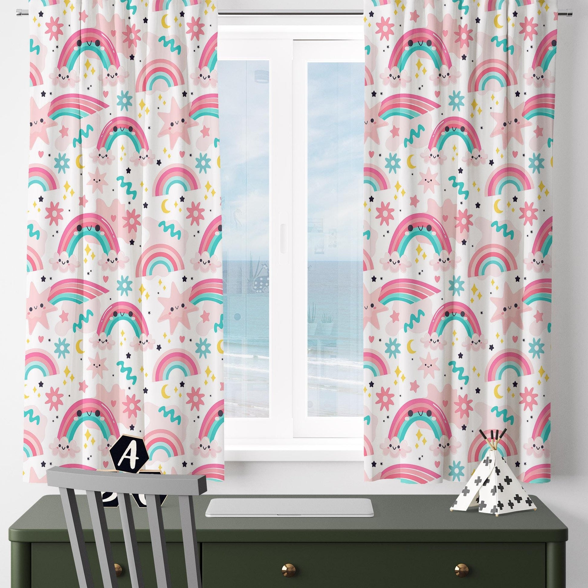 Pink Kids Nursery Curtains with Cute Rainbows & Stars, Custom Size Window Drapes for Girls Room Decor + Gift Pillow Covers
