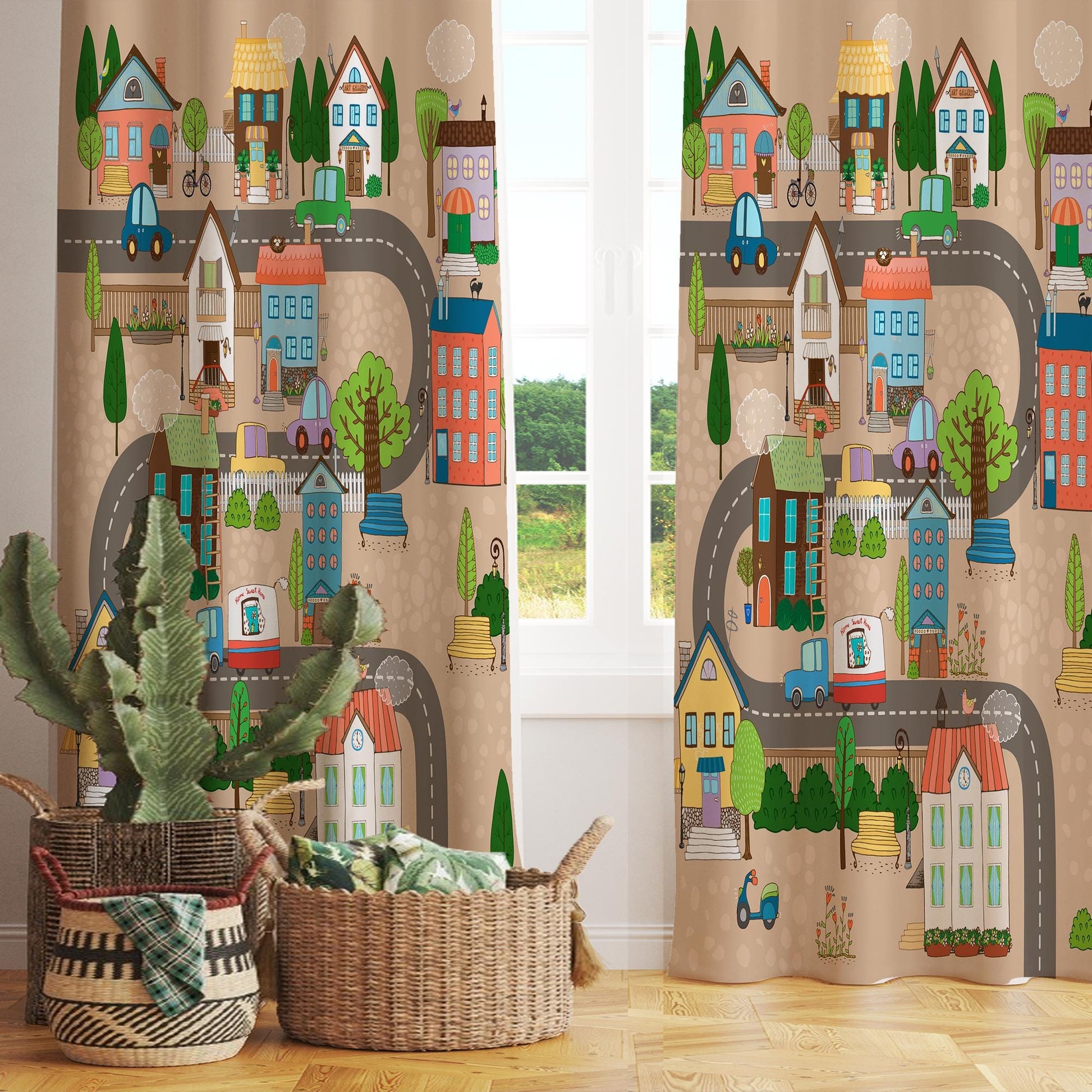 Cute Town Road Maps Houses Kids Nursery Curtains, Custom Size Drapes for Boys Room Decor, Gift Pillow Covers
