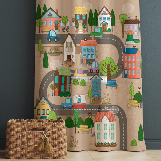 Cute Town Road Maps Houses Kids Nursery Curtains, Custom Size Drapes for Boys Room Decor, Gift Pillow Covers