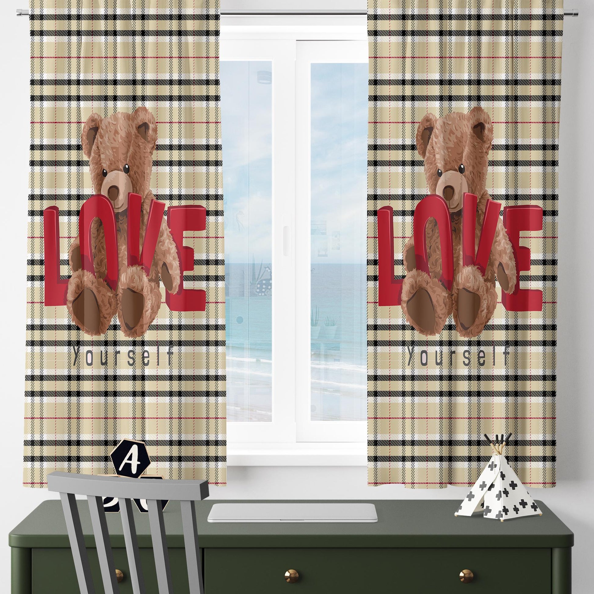 Bear Love Girls Room Curtains - Custom Size Window Drapes & Cute Gift Pillow Covers for Kids Bedroom Decor