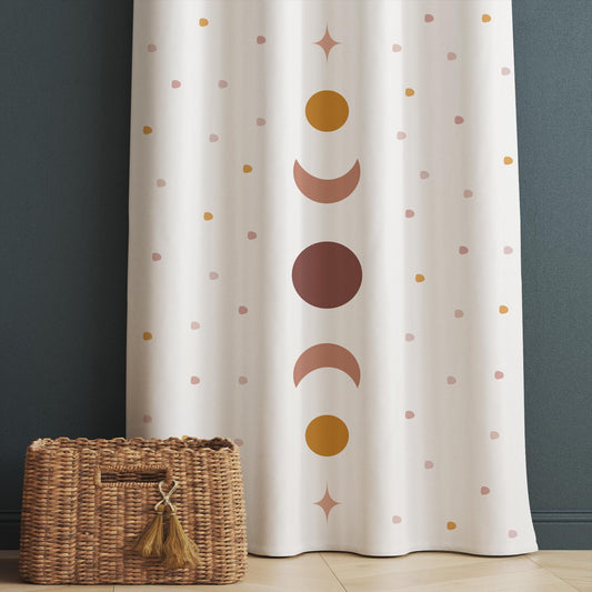 Girls Room Curtains Boho Moon Polka Dots Window Drapes Custom Size with Gift Pillow Covers - Nursery Decor, Kids Bedroom Curtains