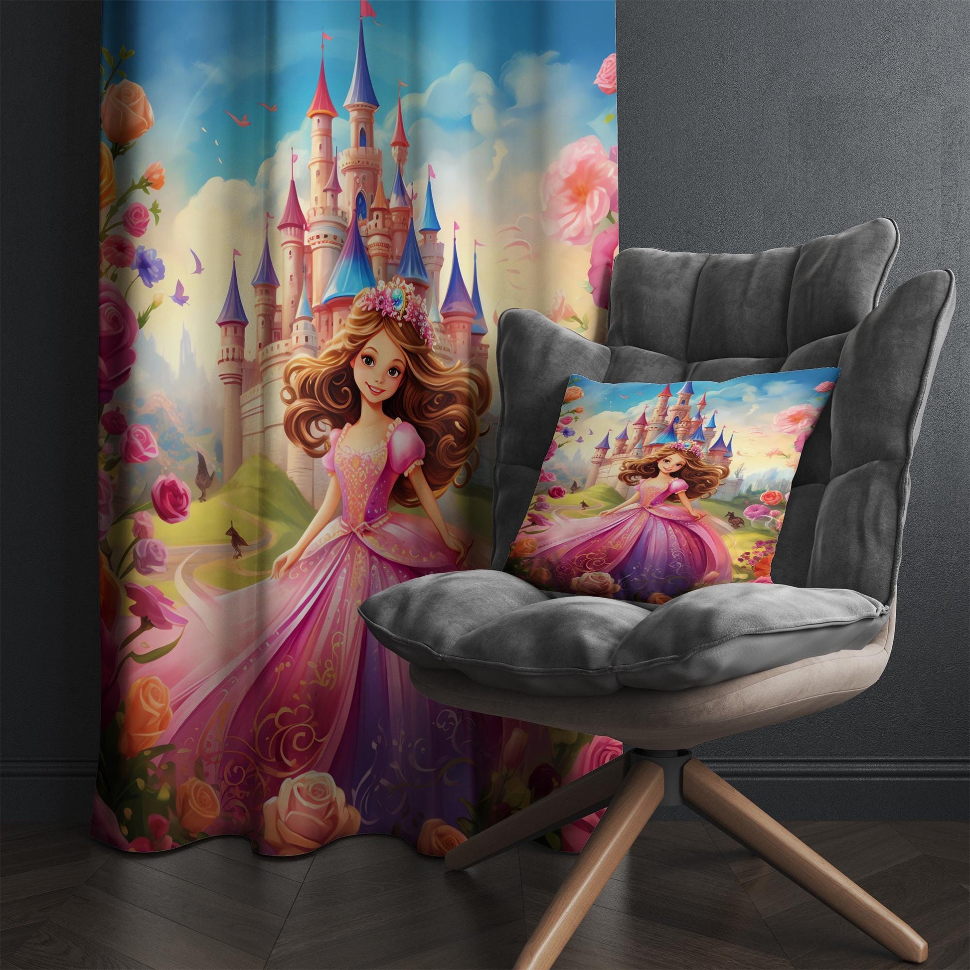 Floral Castle Colorful Princess Kids Nursery Curtains, Custom Size Window Drapes & Gift Pillow Covers for Girls Room Decor