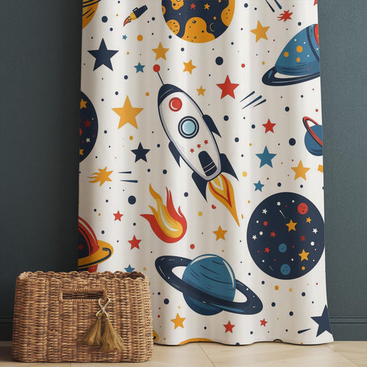 Space Galaxy Planets Spaceship Rocket Nursery Kids Curtains & Nursery Window Drapes, Custom Size, Gift Pillow Covers for Toddler Room Decor