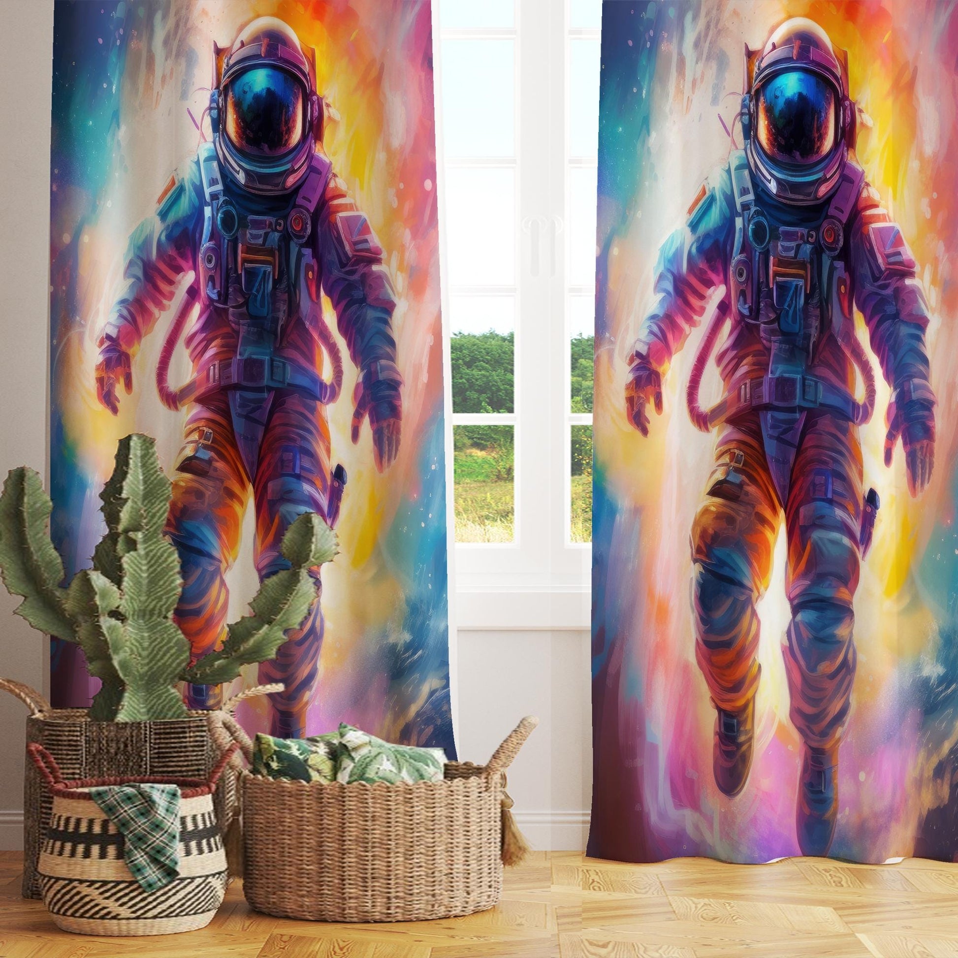 Colorful Astronaut Space Nursery Kids Curtains & Nursery Window Drapes, Custom Size, Gift Pillow Covers for Toddler Room Decor