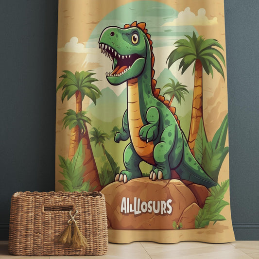 Green Dinosaur Nursery Curtains with Ancient Palm Trees – Custom Size Kids Window Drapes & Matching Pillow Covers Room Decor Gift