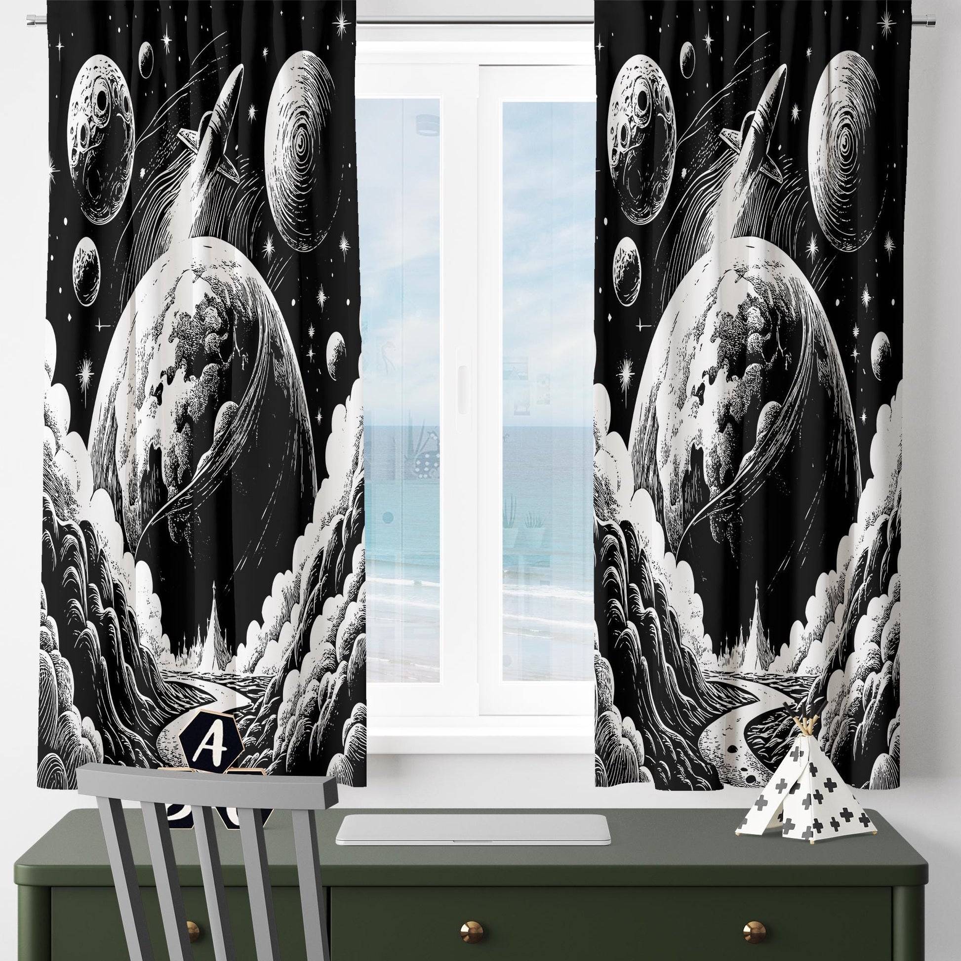 Black White Moon Stars Kids Nursery Curtains – Custom Size Window Drapes & Matching Pillow Covers, Space Room Decor Gift