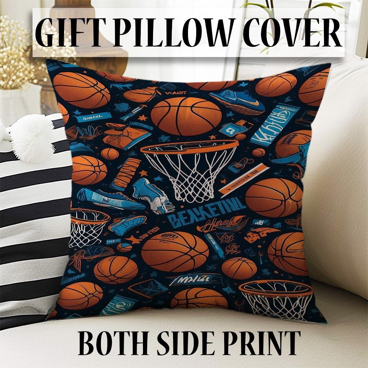 Kids Basketball Balls Curtains & Gift Pillow Covers, Custom Size Nursery Drapes, Sports Room Decor for Boys’ Bedroom Window Treatment