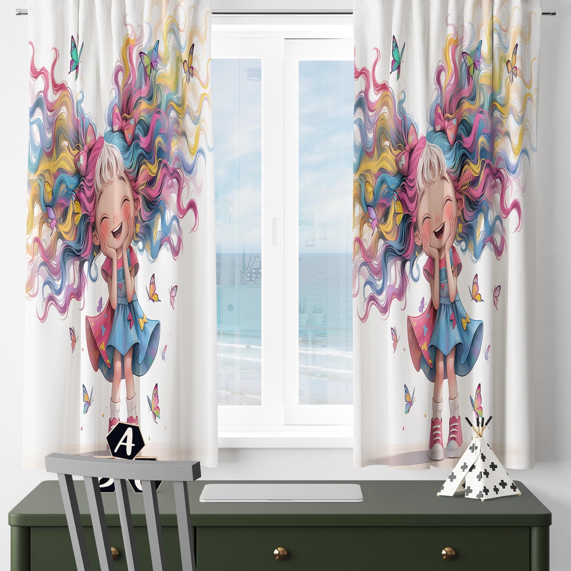 Colorful Hairs Girls Kids Curtains & Pillow Covers, Custom Nursery Drapes, Room Decor for Girls ’ Bedroom Window Treatment