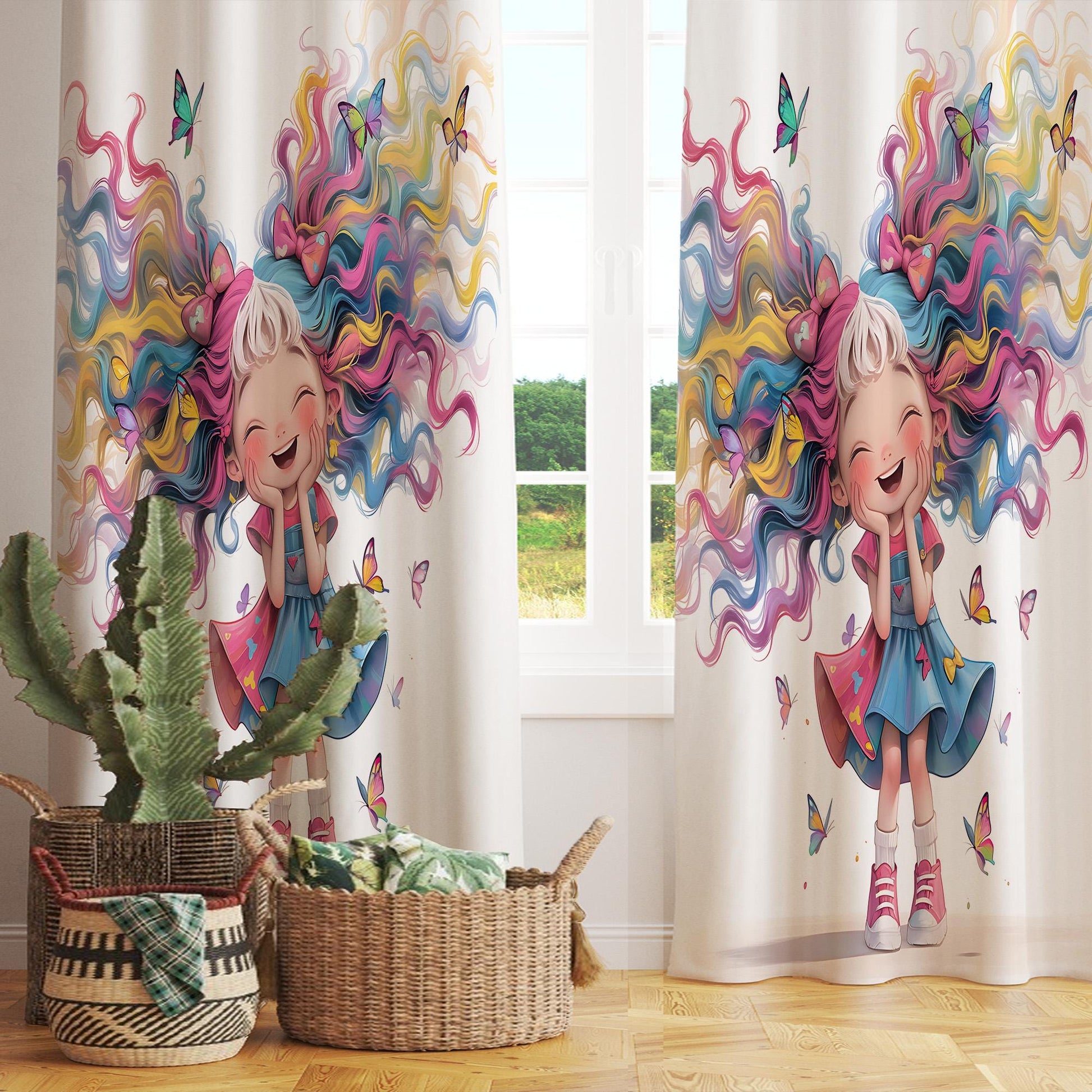 Colorful Hairs Girls Kids Curtains & Pillow Covers, Custom Nursery Drapes, Room Decor for Girls ’ Bedroom Window Treatment
