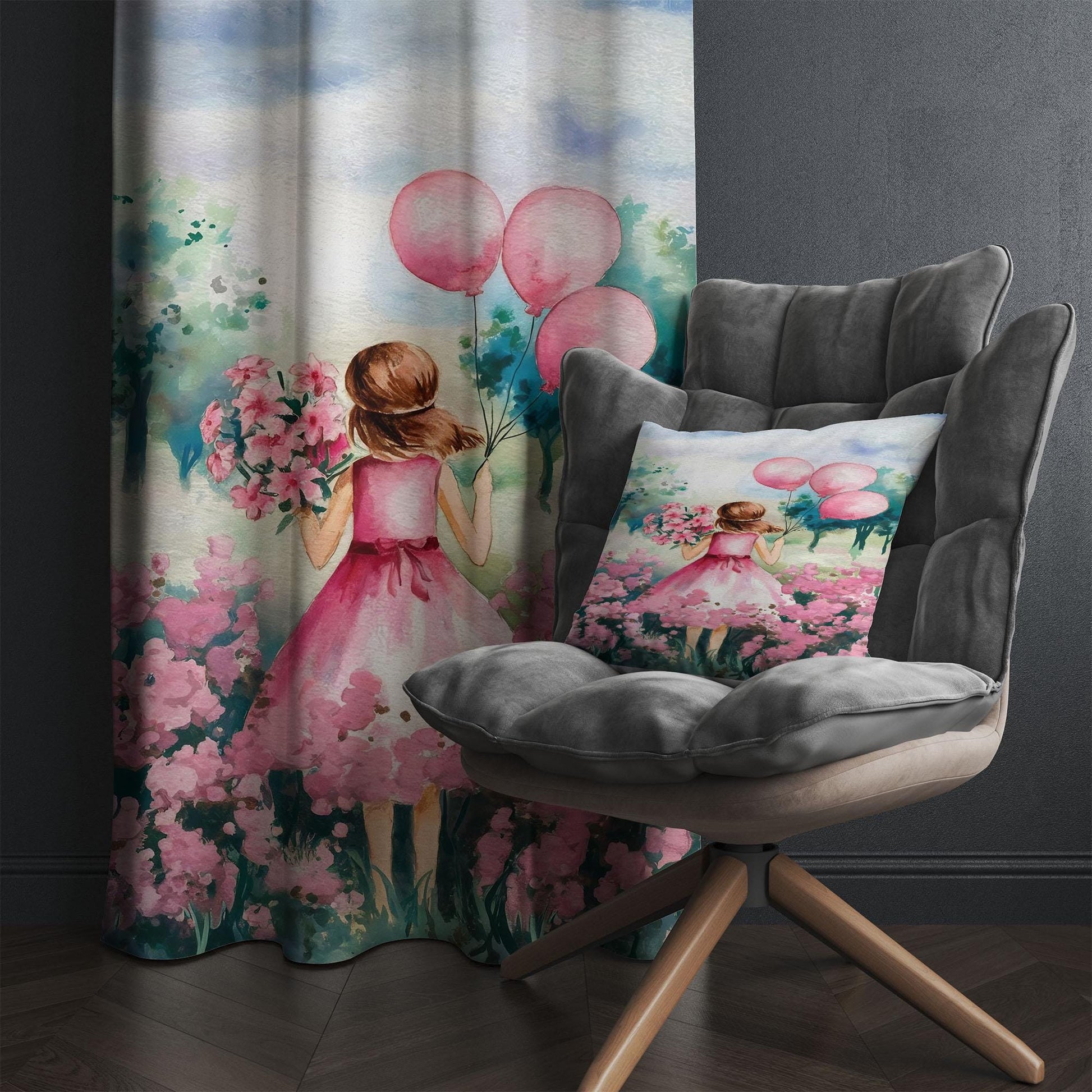 Pink Princess Floral Flowers Balloons Kids Curtains & Gift Pillow Covers, Custom Nursery Drapes, Girls’ Bedroom Window Treatment Room Decor