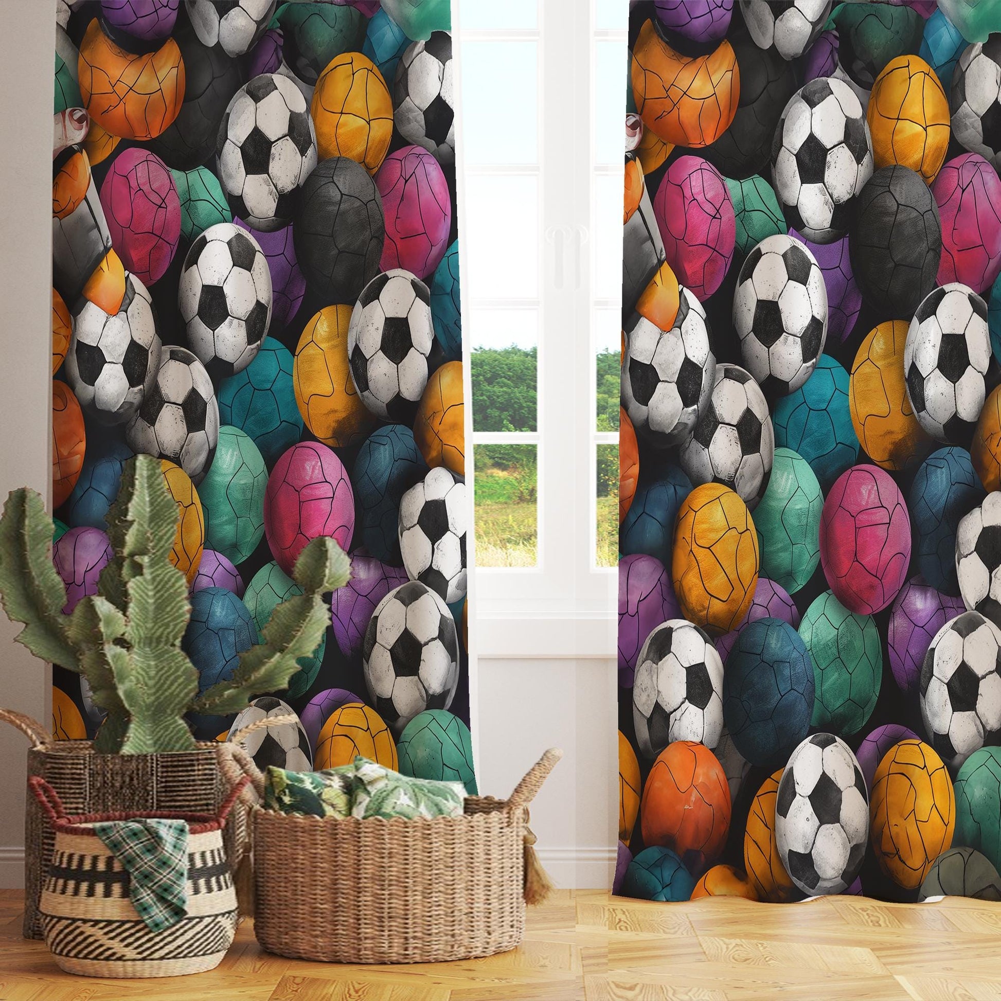 Colorful Balls Kids Curtains & Gift Pillow Covers, Custom Sports Ball Nursery Drapes, Child Bedroom Window Treatment Decor
