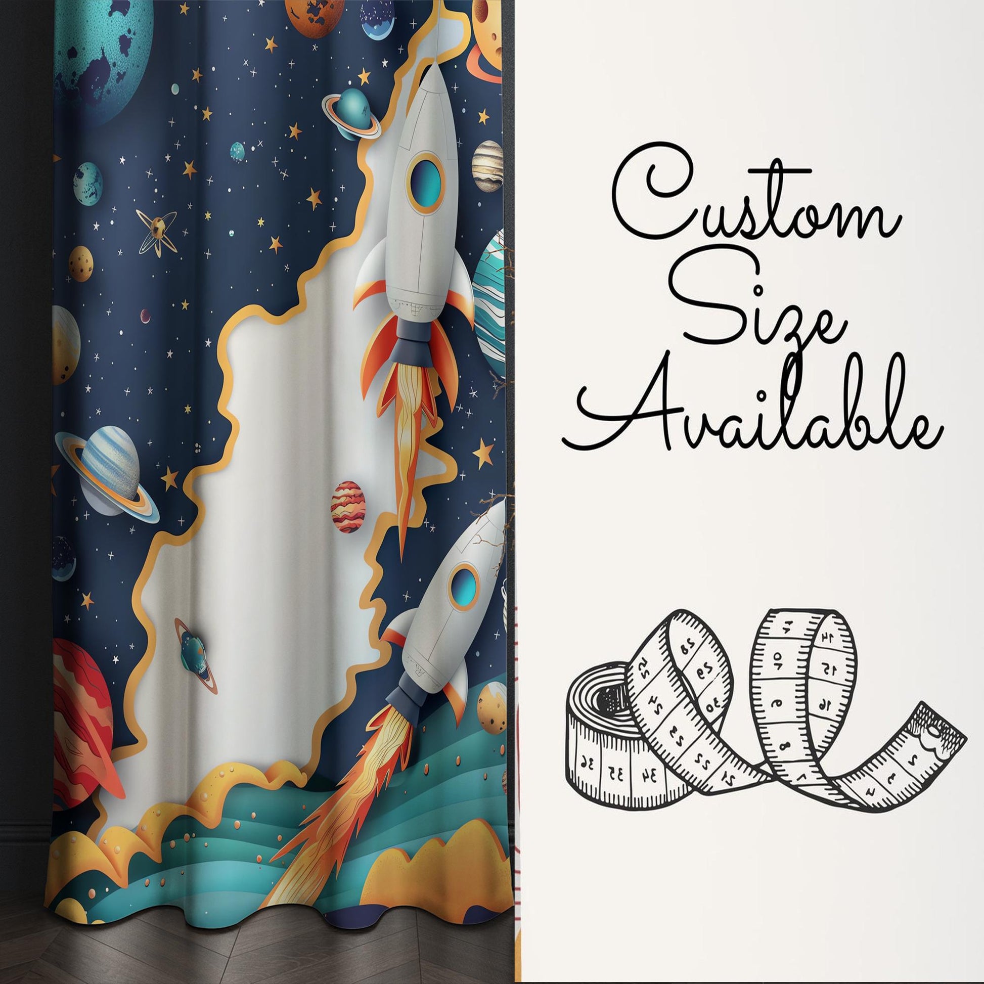 Rocket Galaxy Spaceship Planets Kids Curtains & Gift Pillow Covers, Custom Space Nursery Drapes, Child Bedroom Window Treatment Decor