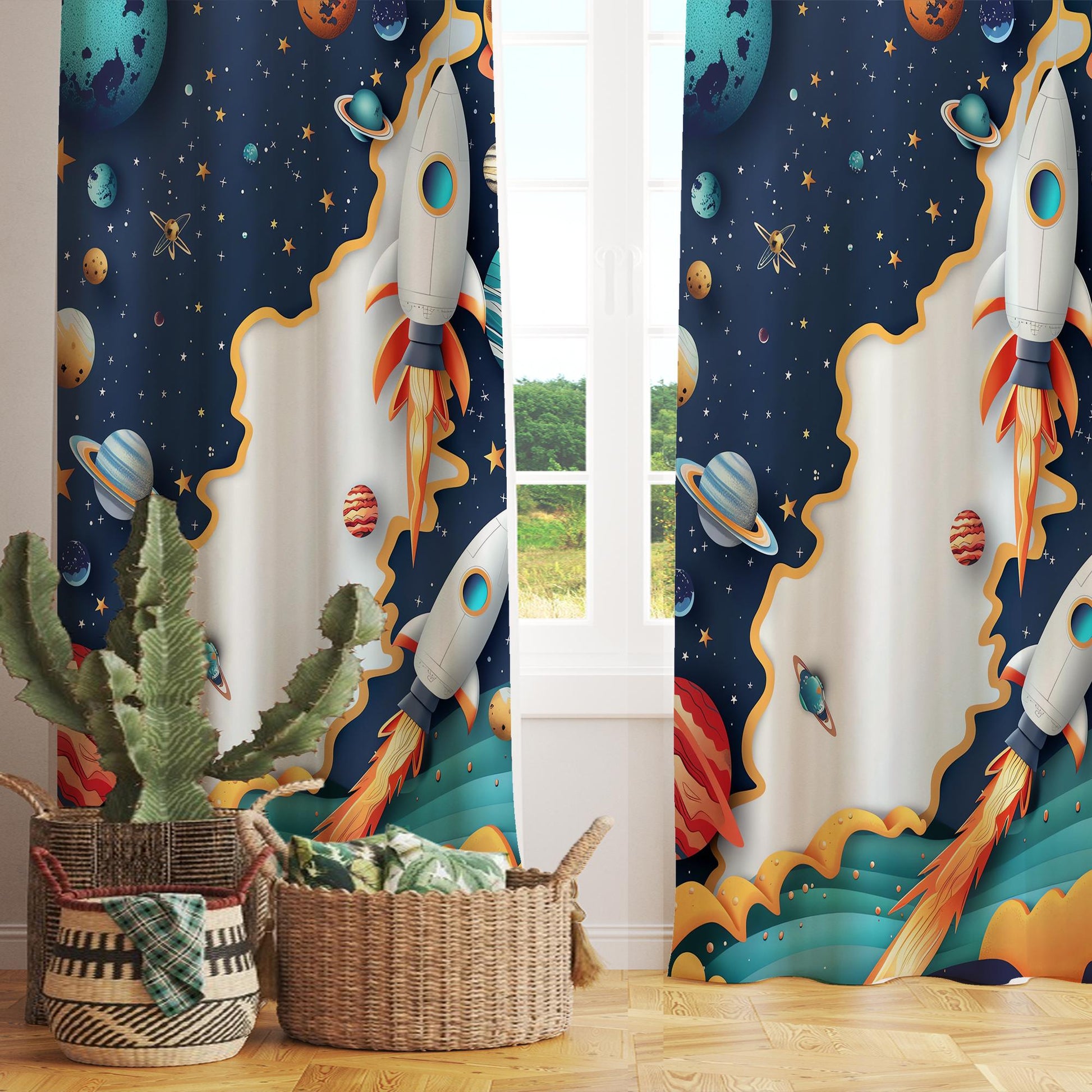 Rocket Galaxy Spaceship Planets Kids Curtains & Gift Pillow Covers, Custom Space Nursery Drapes, Child Bedroom Window Treatment Decor