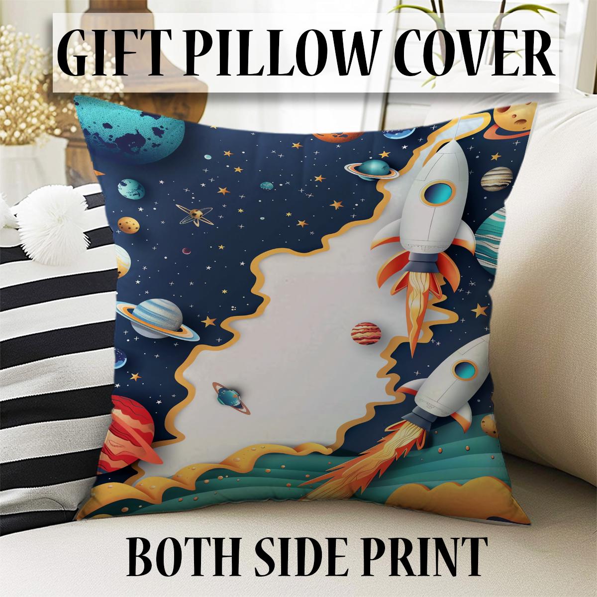 Rocket Galaxy Spaceship Planets Kids Curtains & Gift Pillow Covers, Custom Space Nursery Drapes, Child Bedroom Window Treatment Decor