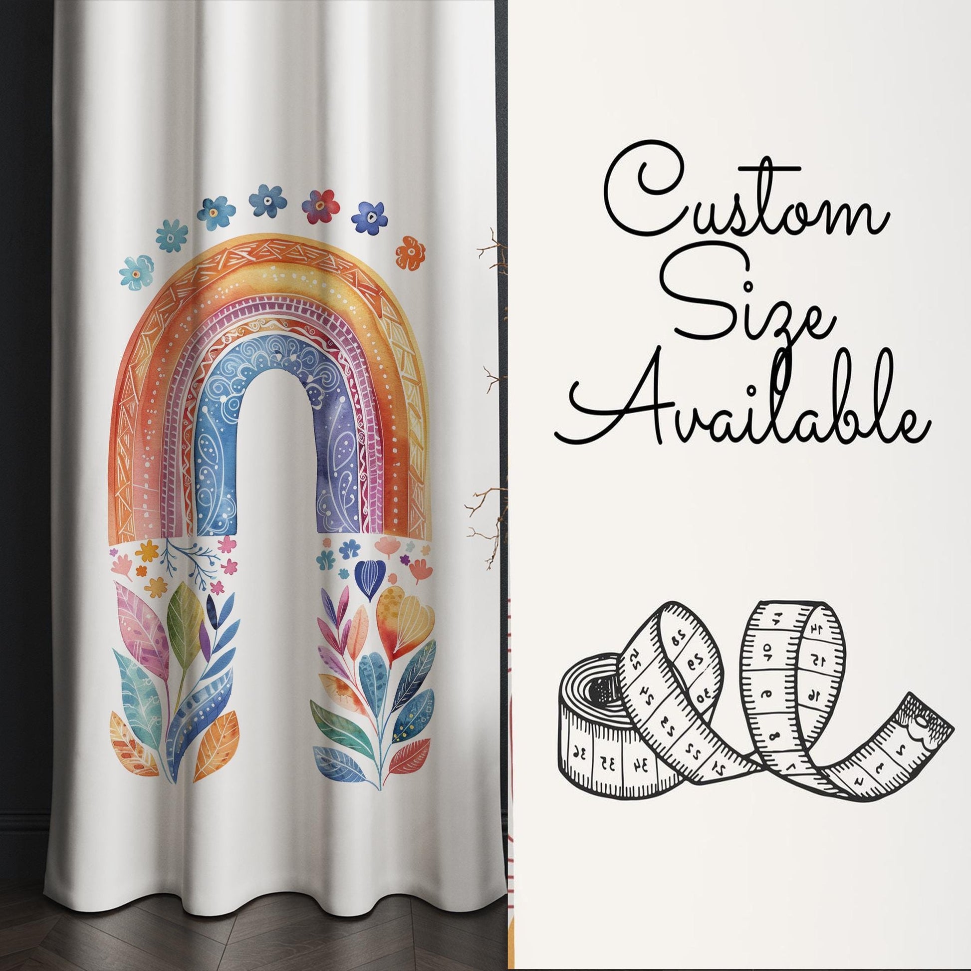 Colorful Rainbow Floral Flowers Kids Curtains & Gift Pillow Covers, Custom Nursery Drapes, Child Bedroom Window Treatment Decor