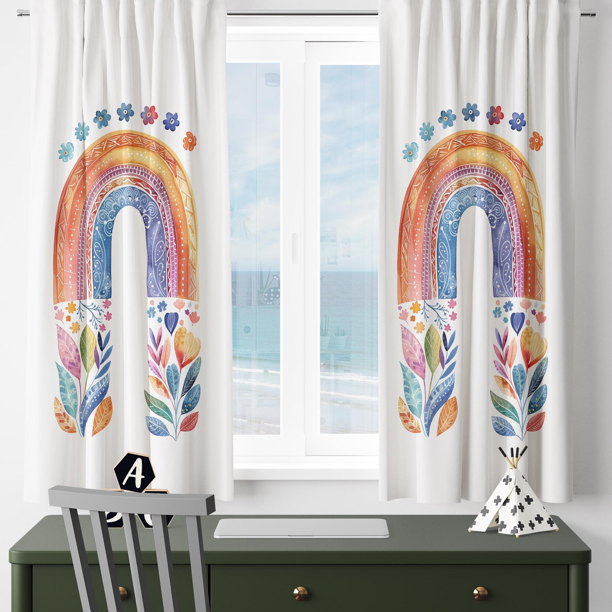 Colorful Rainbow Floral Flowers Kids Curtains & Gift Pillow Covers, Custom Nursery Drapes, Child Bedroom Window Treatment Decor