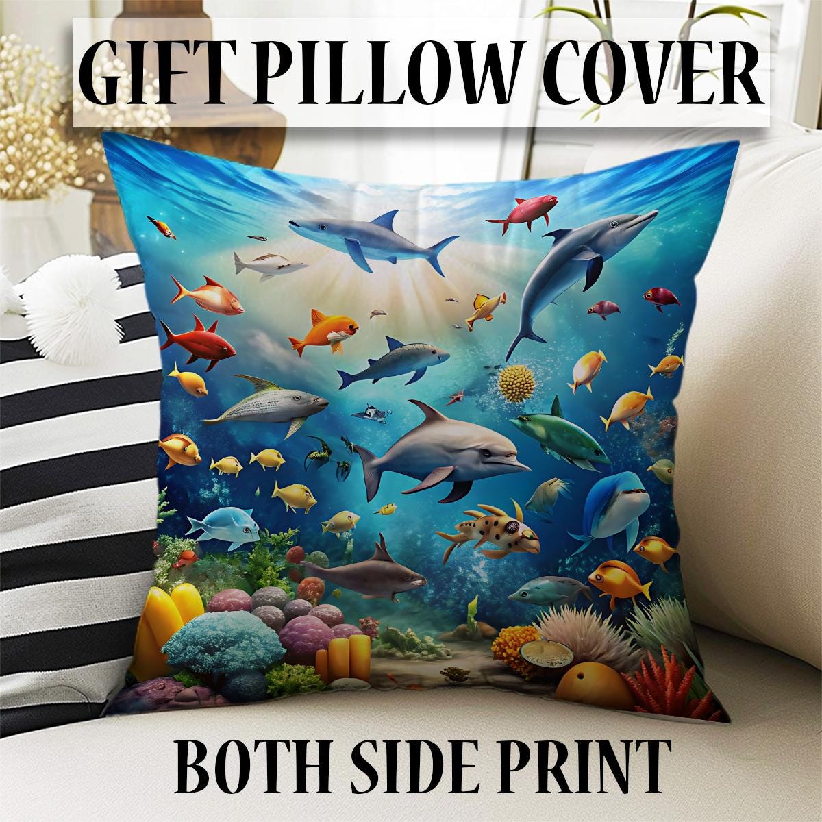 Under Sea Fishes Kids Curtains & Gift Pillow Covers, Custom Nursery Drapes Aquarium Fish Window Treatment for Child Bedroom Decor