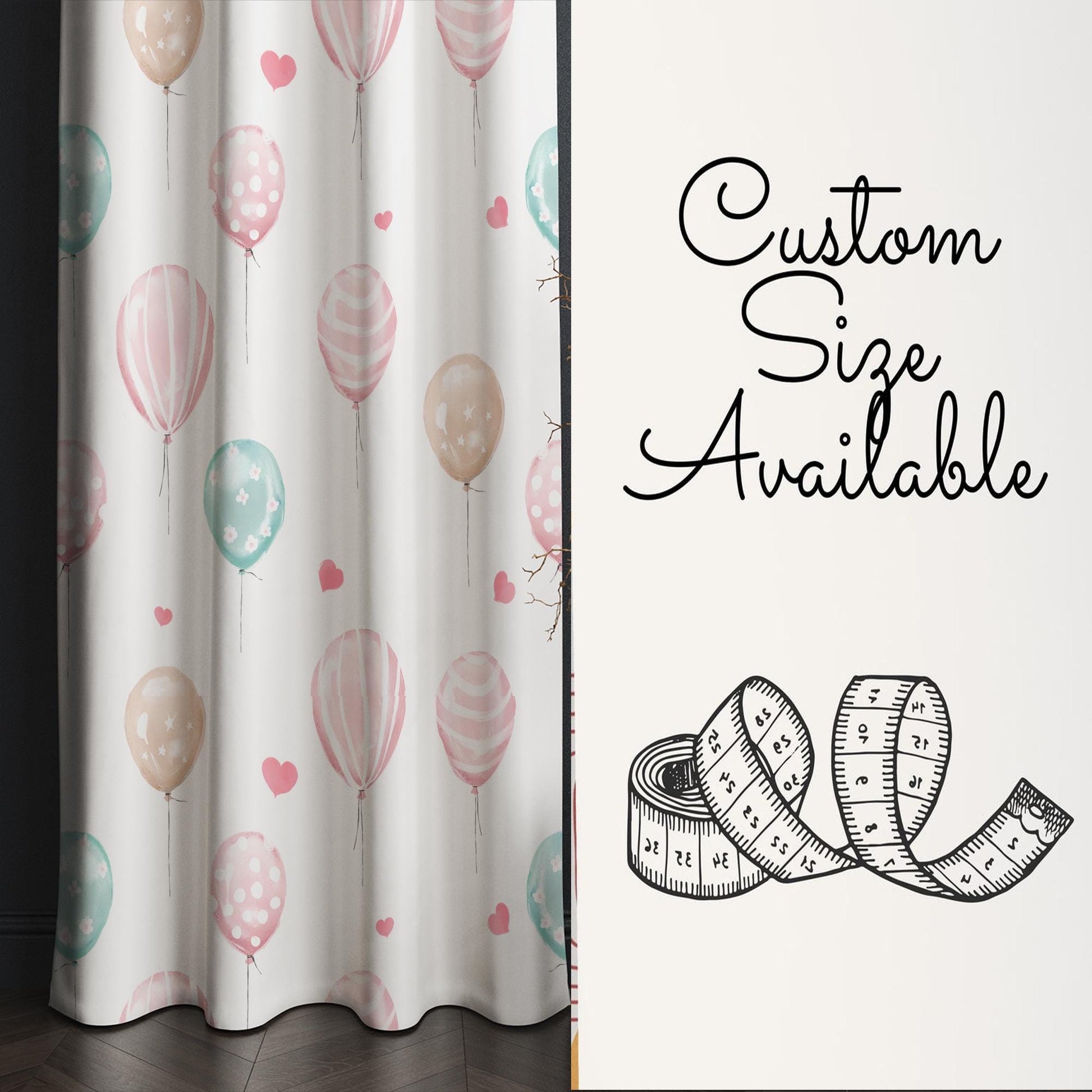 Nursery Curtains Pink Green Balloons Hearts, Custom Baby Room Drapes & Gift Pillow Covers, Cute Bedroom Window Treatment Decor