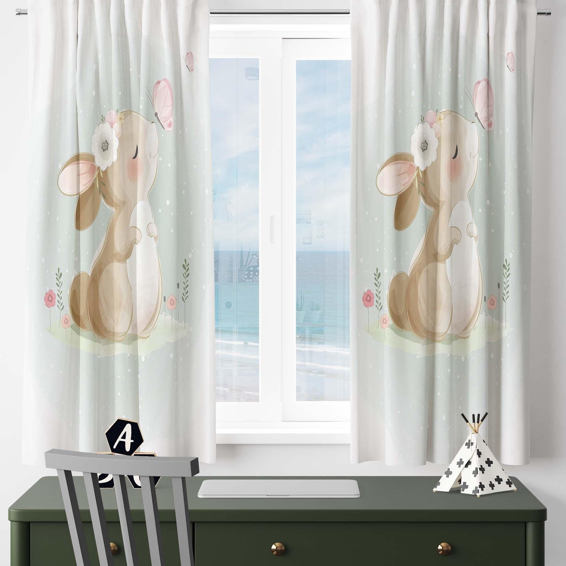 Cute Bunny Rabbit Baby Nursery Curtains , Custom Baby Room Drapes, Gift Pillow Covers, Cute Bedroom Window Treatment Decor
