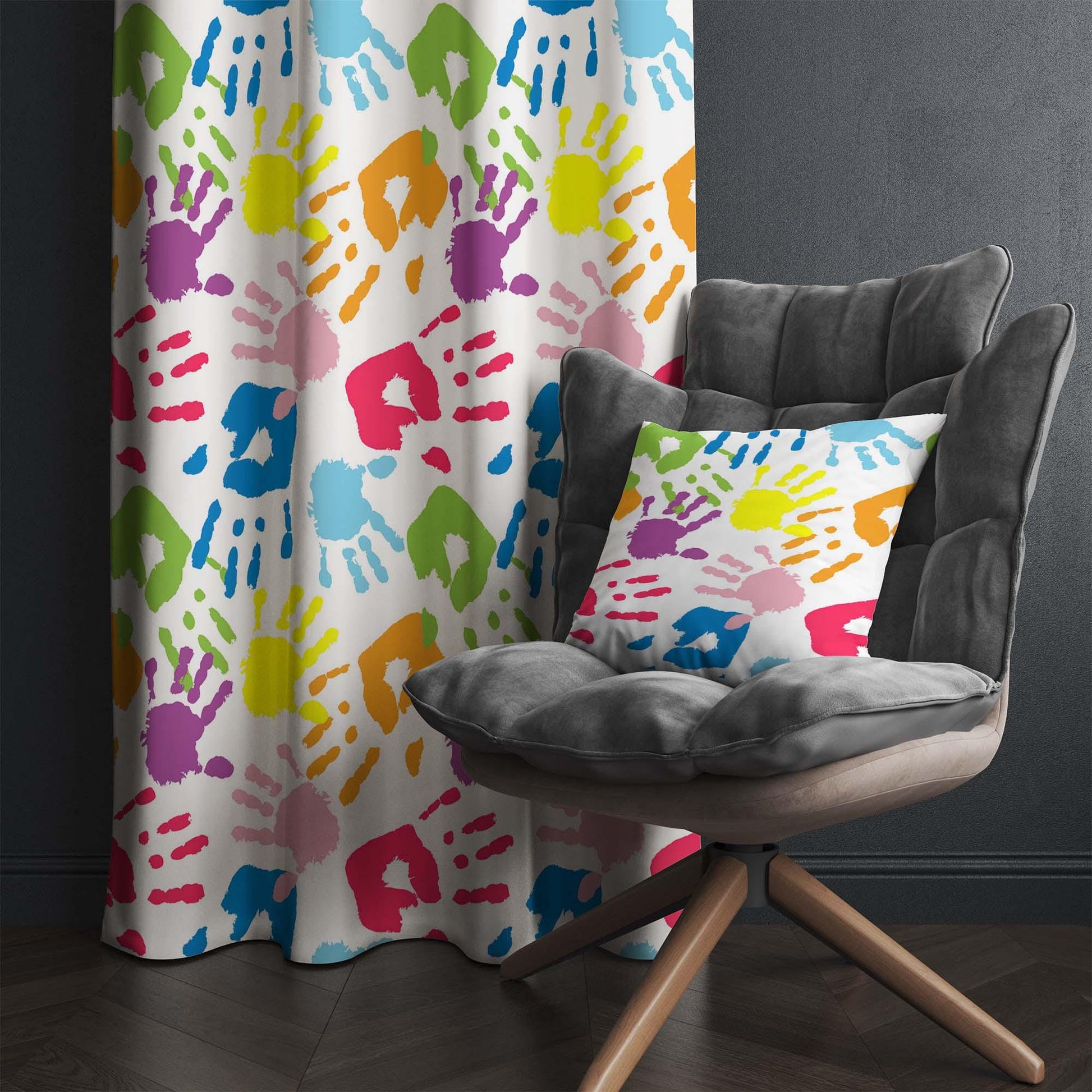 Colorful Kids Hands Pattern Nursery Curtains – Custom Kids Room Drapes & Cute Bedroom Window Treatment Decor with Gift Pillow Covers