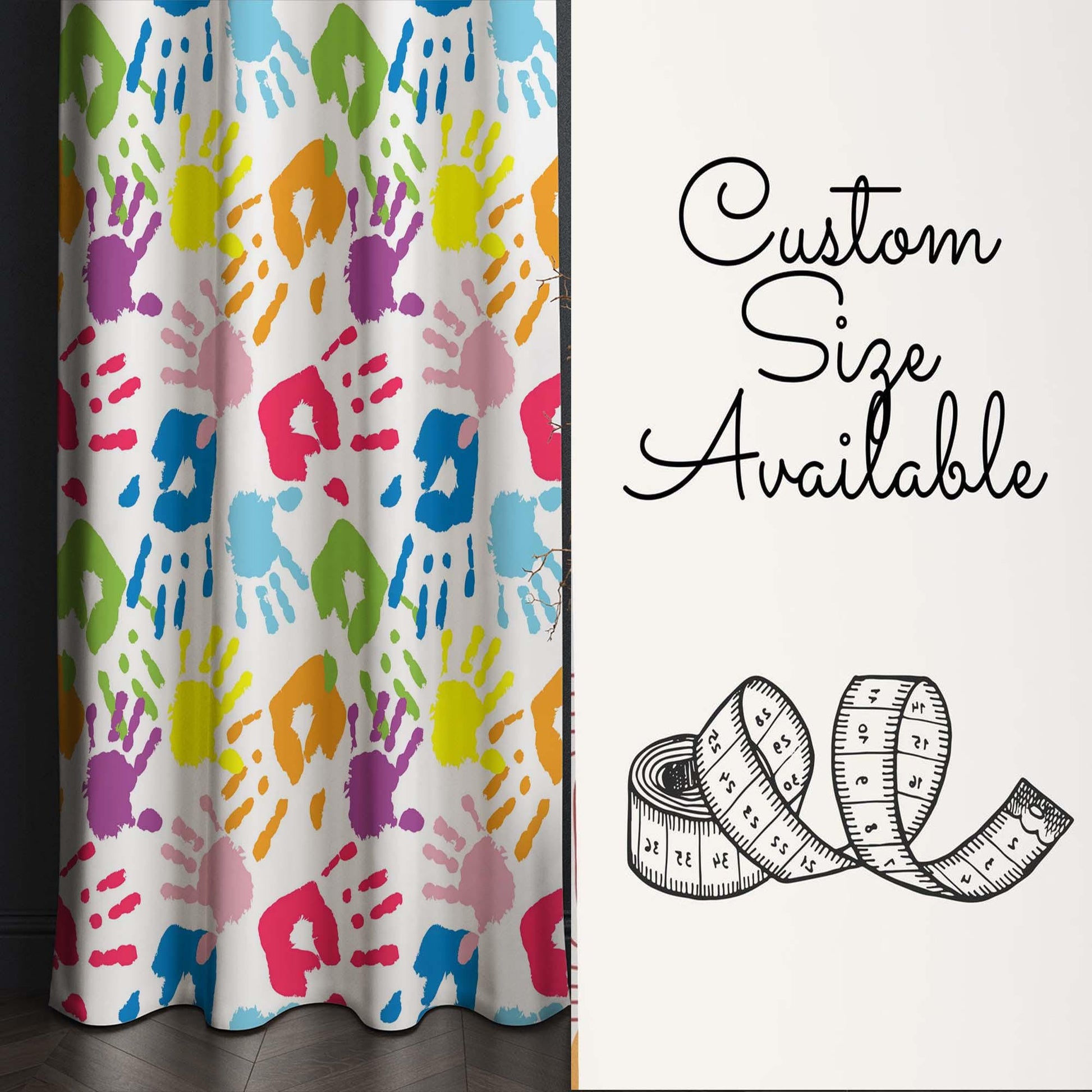 Colorful Kids Hands Pattern Nursery Curtains – Custom Kids Room Drapes & Cute Bedroom Window Treatment Decor with Gift Pillow Covers
