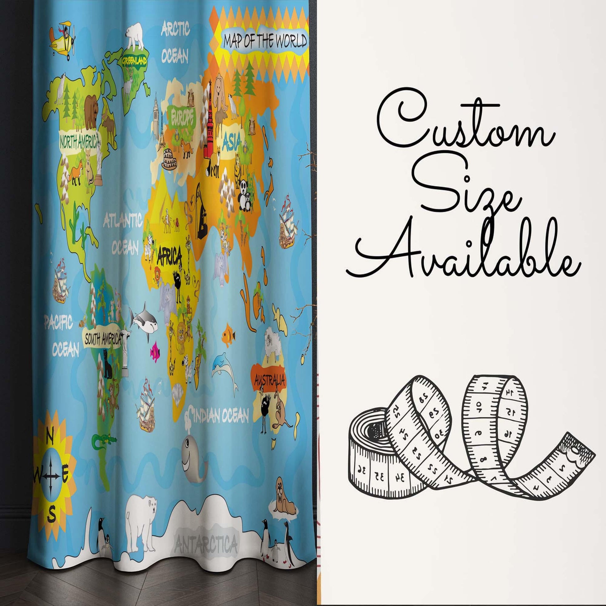 Educational Animal Earth Map Nursery Curtains – Custom Kids Room Drapes & Cute Bedroom Window Treatment Decor with Gift Pillow Covers