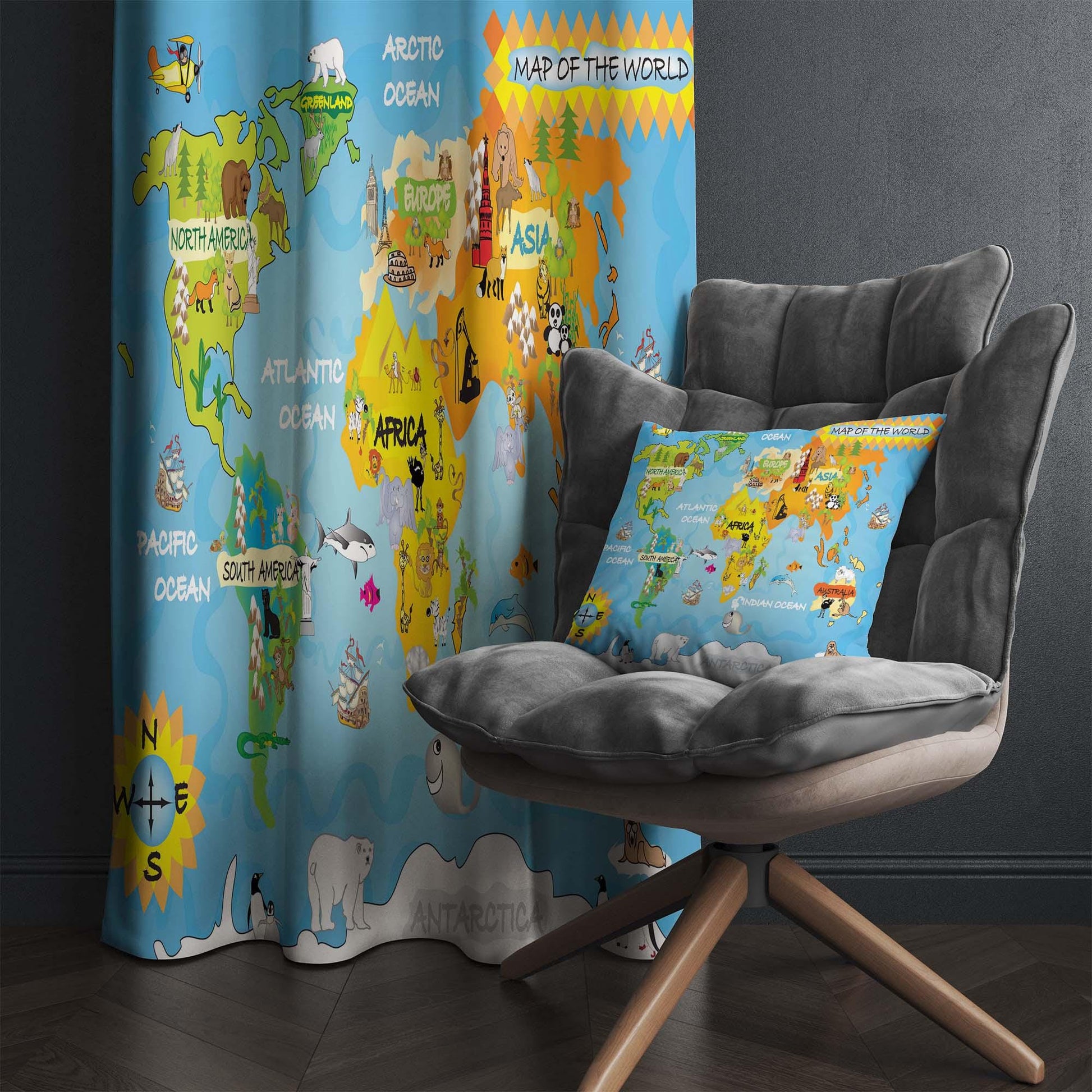 Educational Animal Earth Map Nursery Curtains – Custom Kids Room Drapes & Cute Bedroom Window Treatment Decor with Gift Pillow Covers