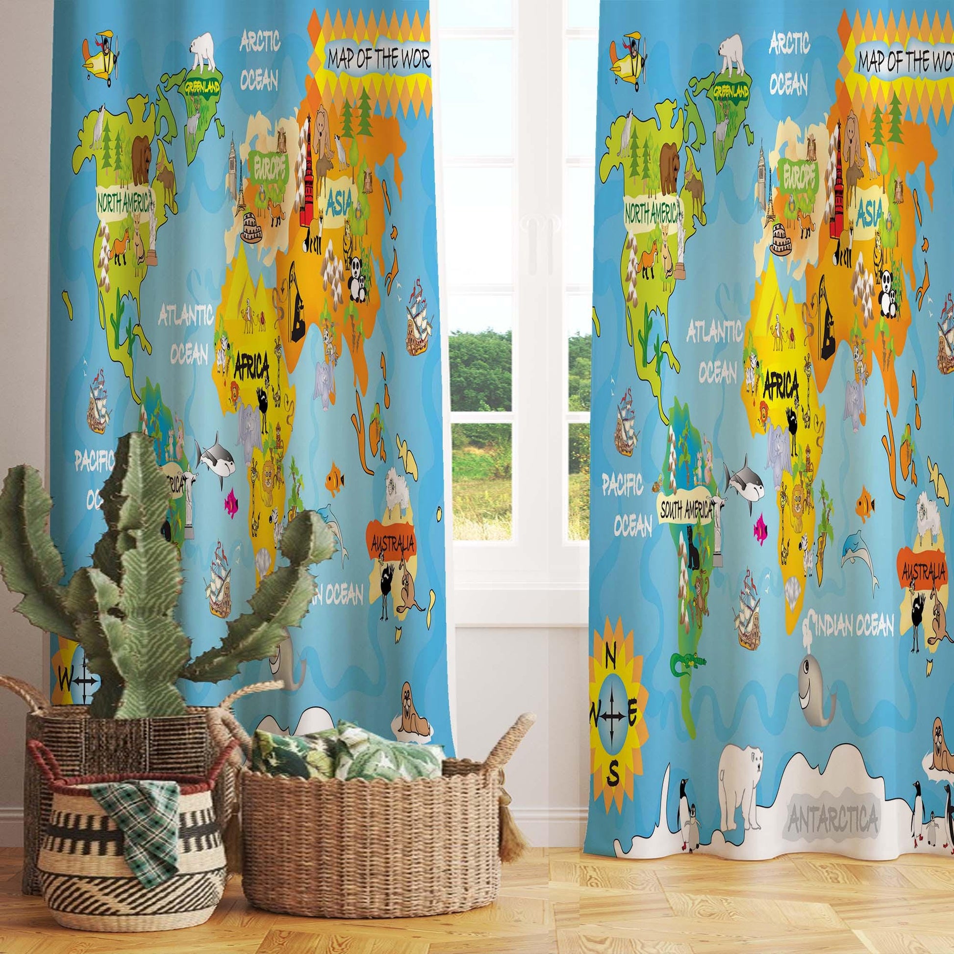 Educational Animal Earth Map Nursery Curtains – Custom Kids Room Drapes & Cute Bedroom Window Treatment Decor with Gift Pillow Covers