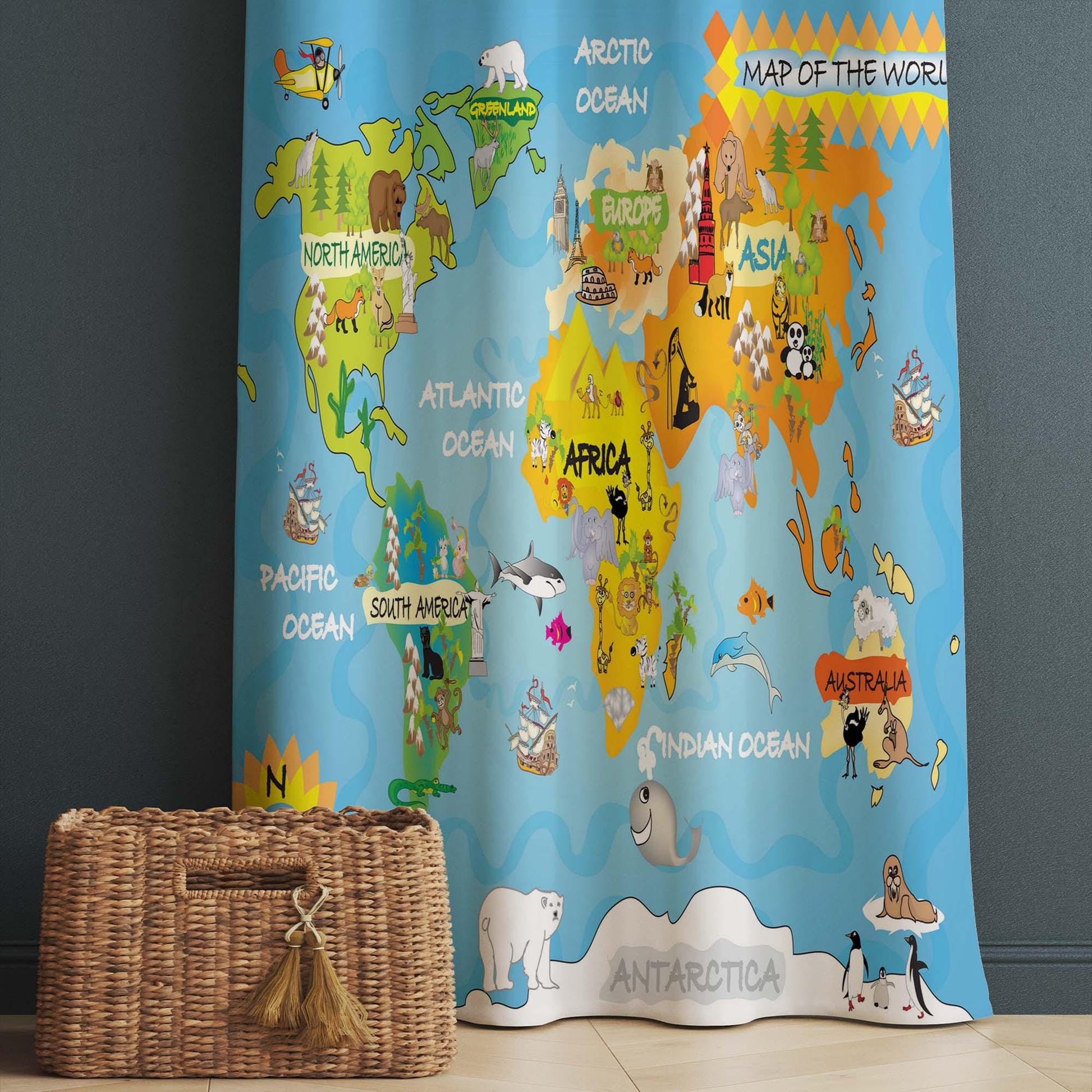 Educational Animal Earth Map Nursery Curtains – Custom Kids Room Drapes & Cute Bedroom Window Treatment Decor with Gift Pillow Covers
