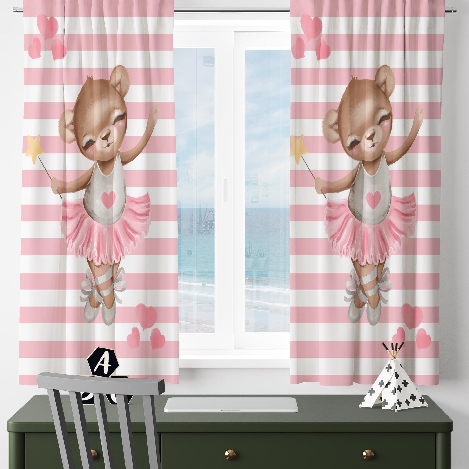 Cute Pink Girl Ballerina Bear Nursery Curtains – Custom Kids Room Drapes & Cute Bedroom Window Treatment Decor with Gift Pillow Covers