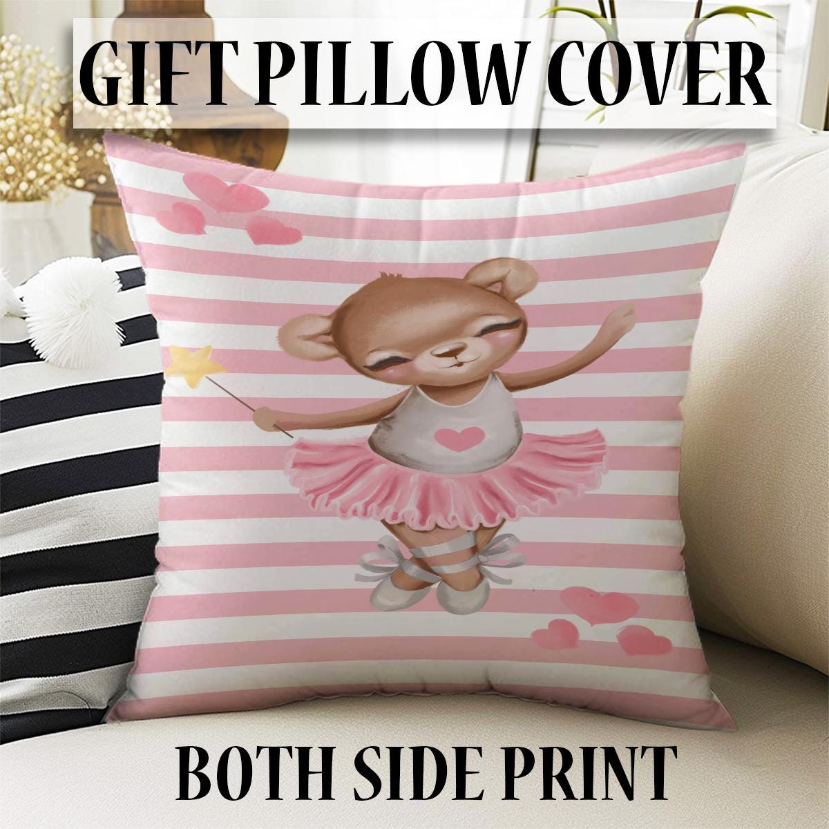 Cute Pink Girl Ballerina Bear Nursery Curtains – Custom Kids Room Drapes & Cute Bedroom Window Treatment Decor with Gift Pillow Covers