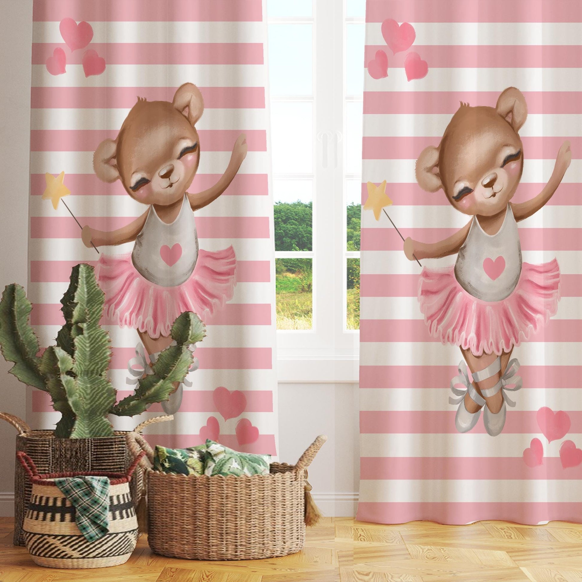 Cute Pink Girl Ballerina Bear Nursery Curtains – Custom Kids Room Drapes & Cute Bedroom Window Treatment Decor with Gift Pillow Covers