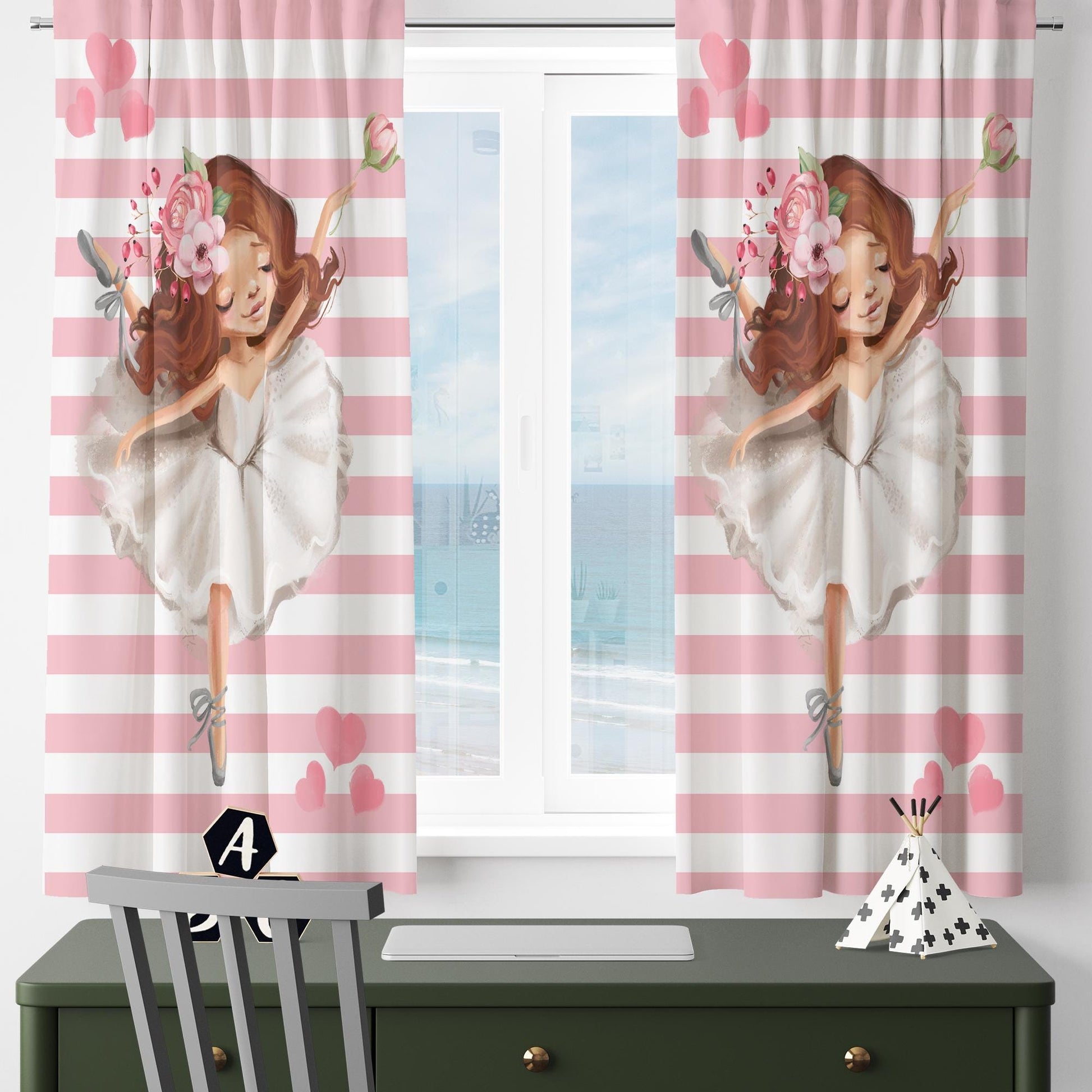 Cute Pink White Ballerina Girl Nursery Curtains – Custom Kids Room Drapes & Cute Bedroom Window Treatment Decor with Gift Pillow Covers