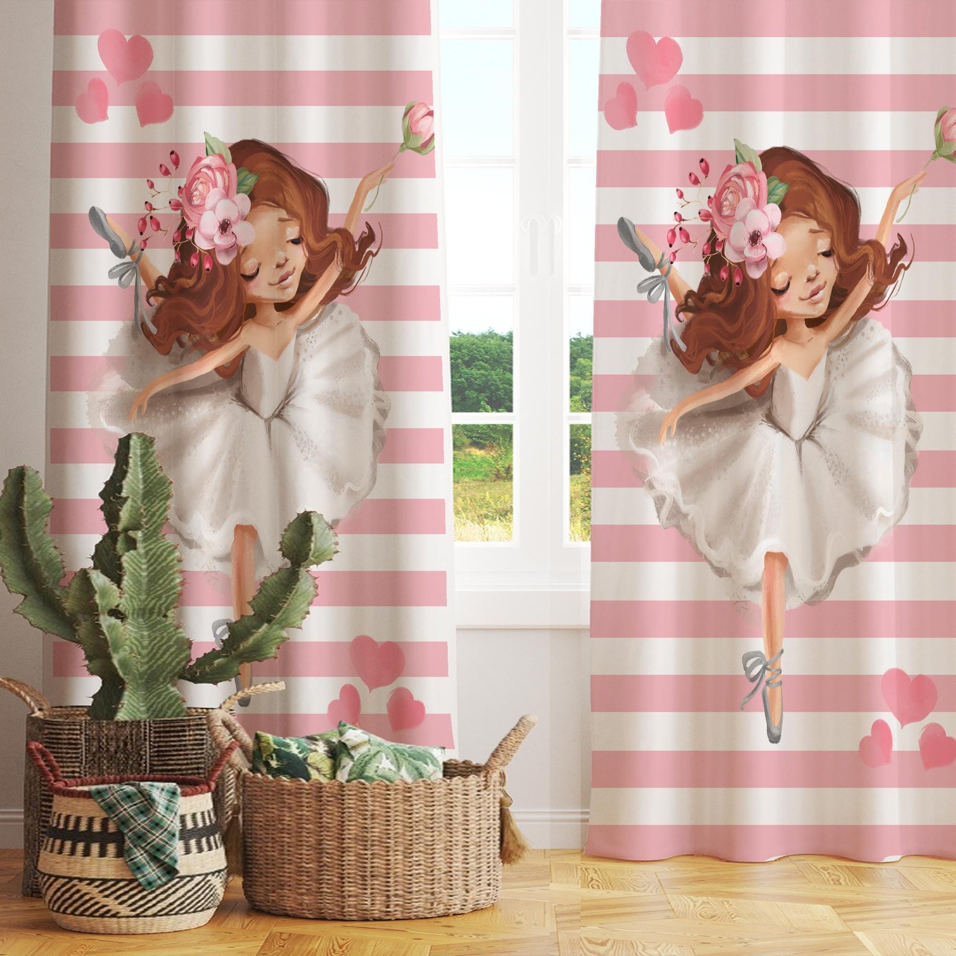 Cute Pink White Ballerina Girl Nursery Curtains – Custom Kids Room Drapes & Cute Bedroom Window Treatment Decor with Gift Pillow Covers