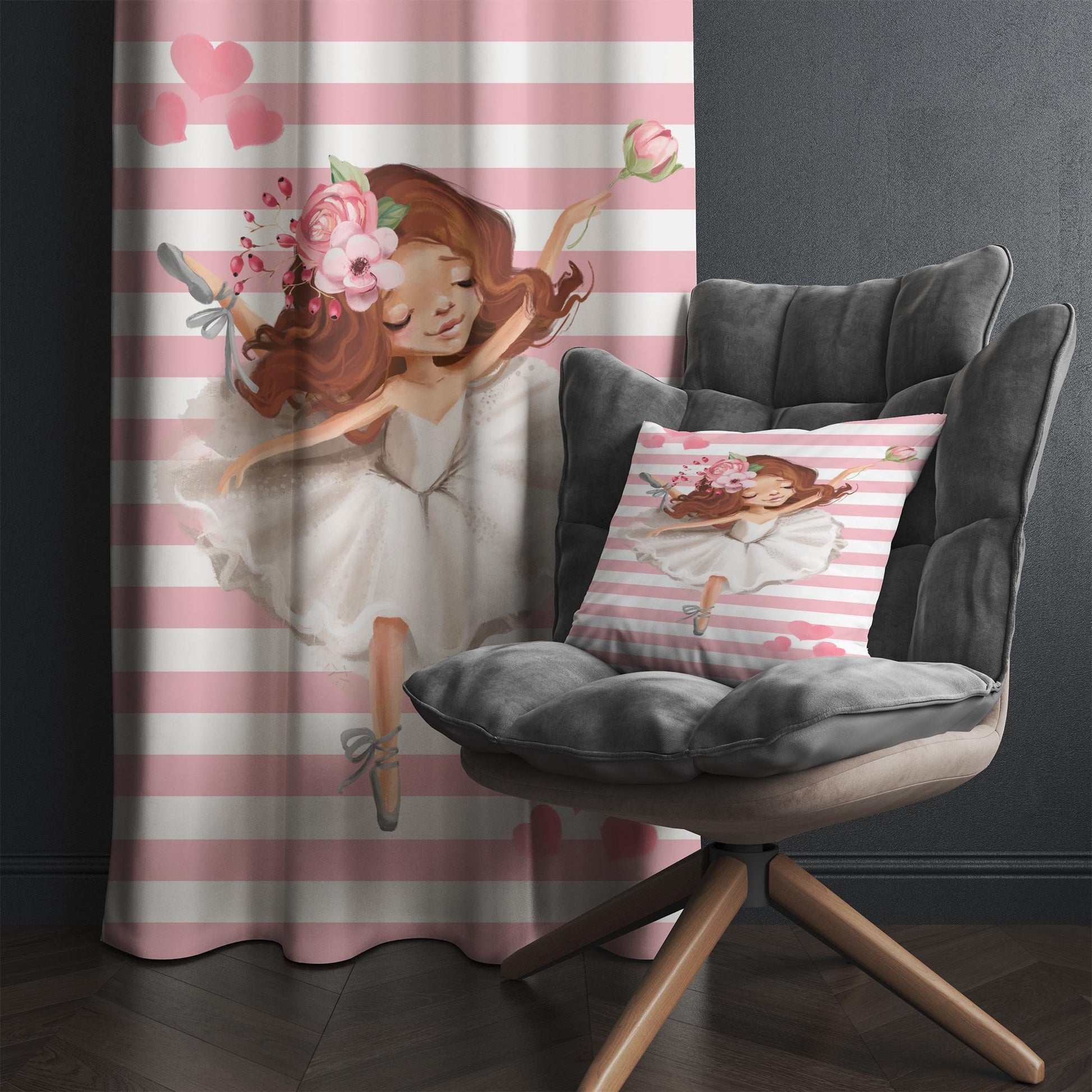 Cute Pink White Ballerina Girl Nursery Curtains – Custom Kids Room Drapes & Cute Bedroom Window Treatment Decor with Gift Pillow Covers