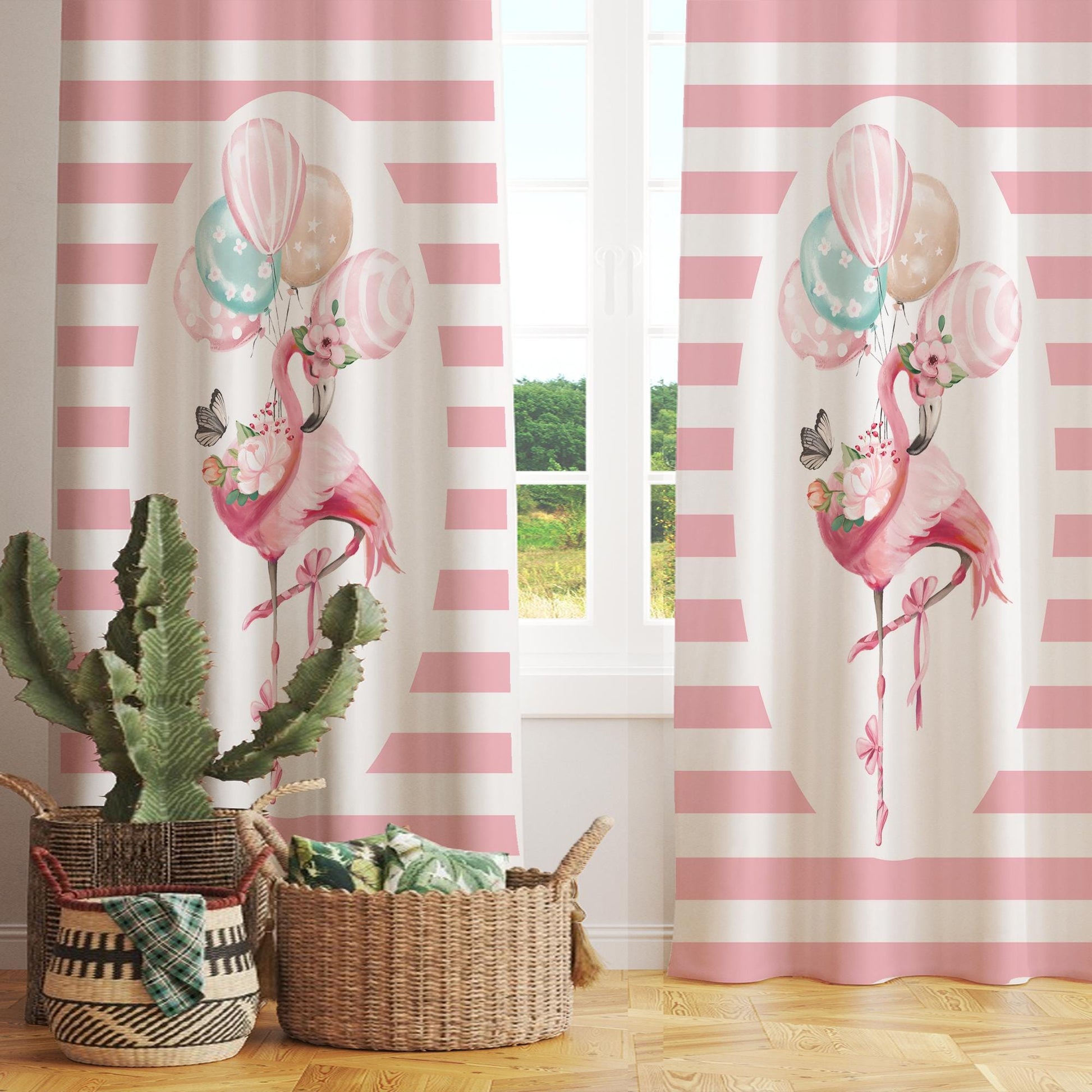 Cute Pink Flamingo Animal Girl Nursery Curtains – Custom Kids Room Drapes & Cute Bedroom Window Treatment Decor with Gift Pillow Covers