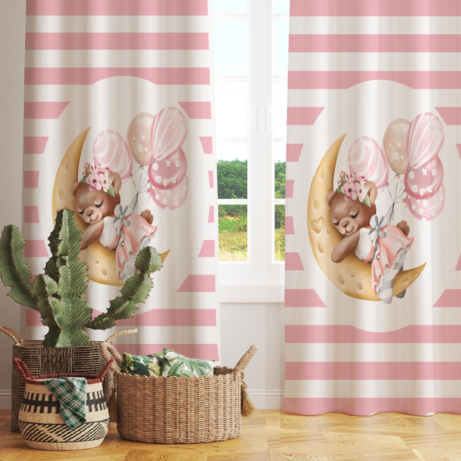 Moon on Sleep Baby Bear Animal Girl Nursery Curtains – Custom Kids Room Drapes & Cute Bedroom Window Treatment Decor with Gift Pillow Covers