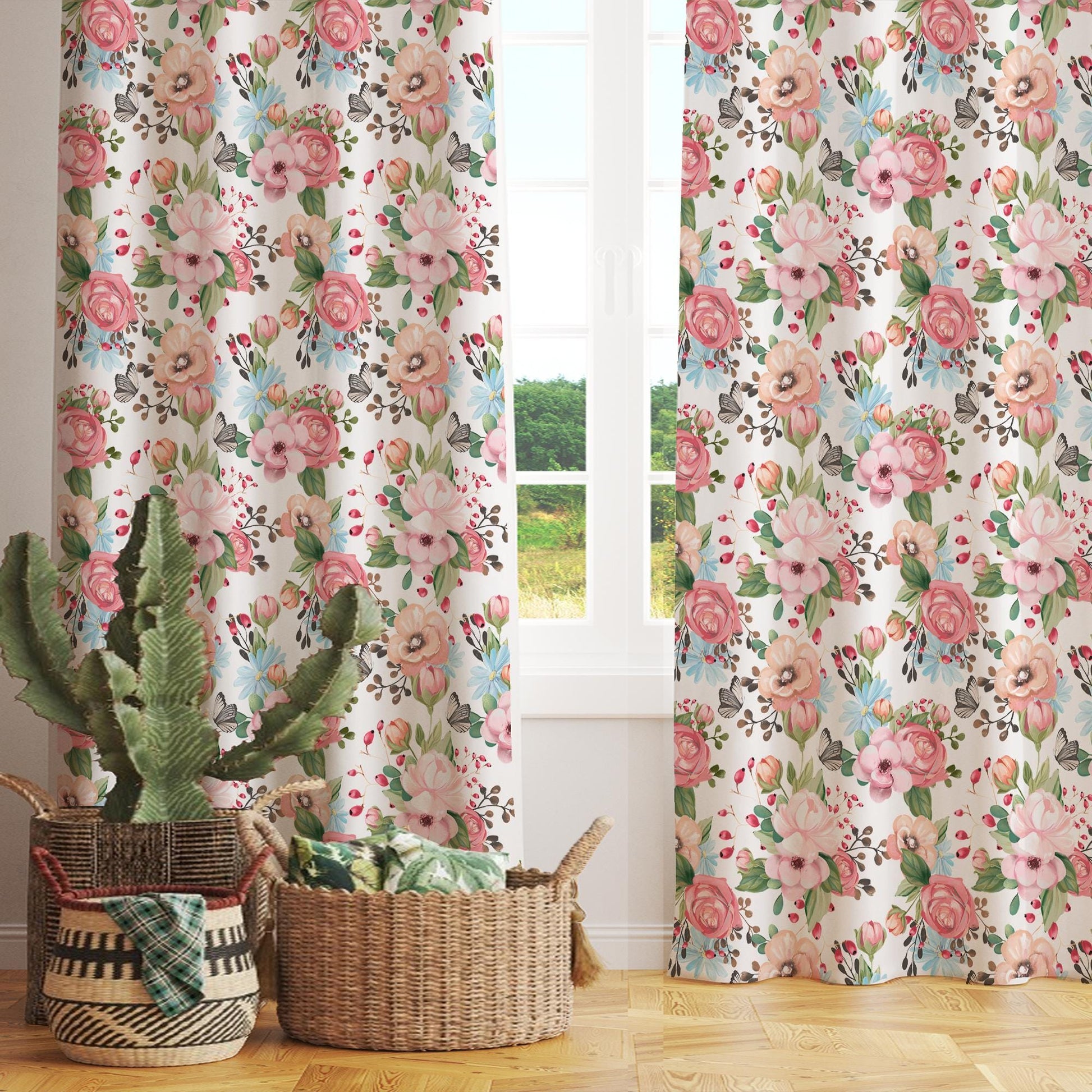Colorful Flowers Floral Roses Girl Nursery Curtains – Custom Kids Room Drapes & Cute Bedroom Window Treatment Decor with Gift Pillow Covers
