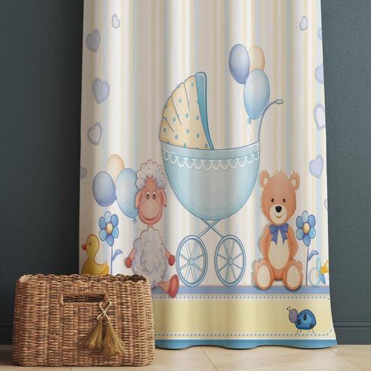 Nursery Curtains with Cute Blue Ship Lamb Bear Animals – Custom Kids Room Drapes, Boys Baby Room Decor with Gift Pillow Covers