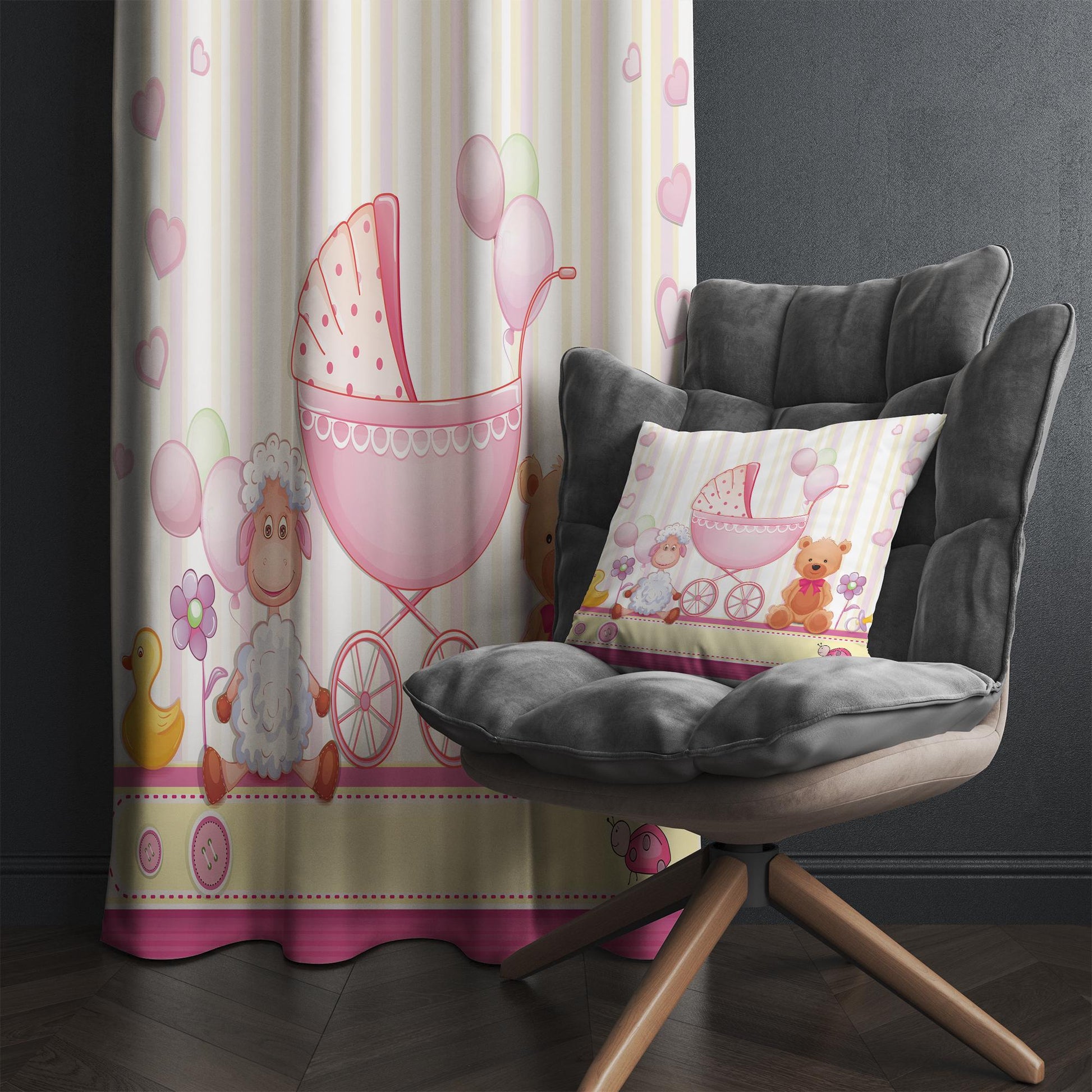 Nursery Curtains with Cute Pink Ship Lamb Bear Animals – Custom Baby Room Drapes, Girls Baby Room Decor with Gift Pillow Covers