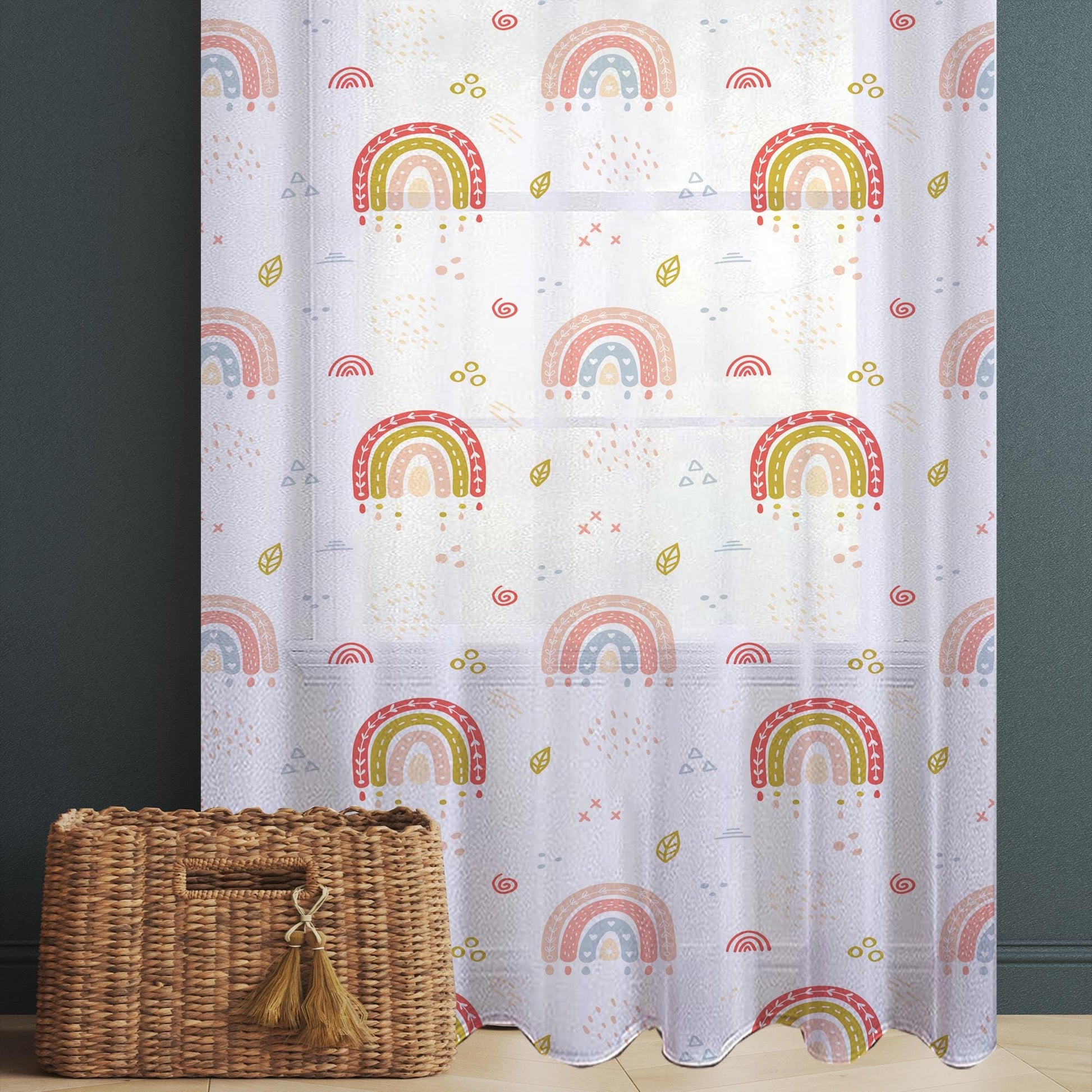 Sheer Cute Rainbow Curtain for Girls Kids Room – Bohemian Nursery Net Voile, Lightweight & Machine Washable - Matching Accessories
