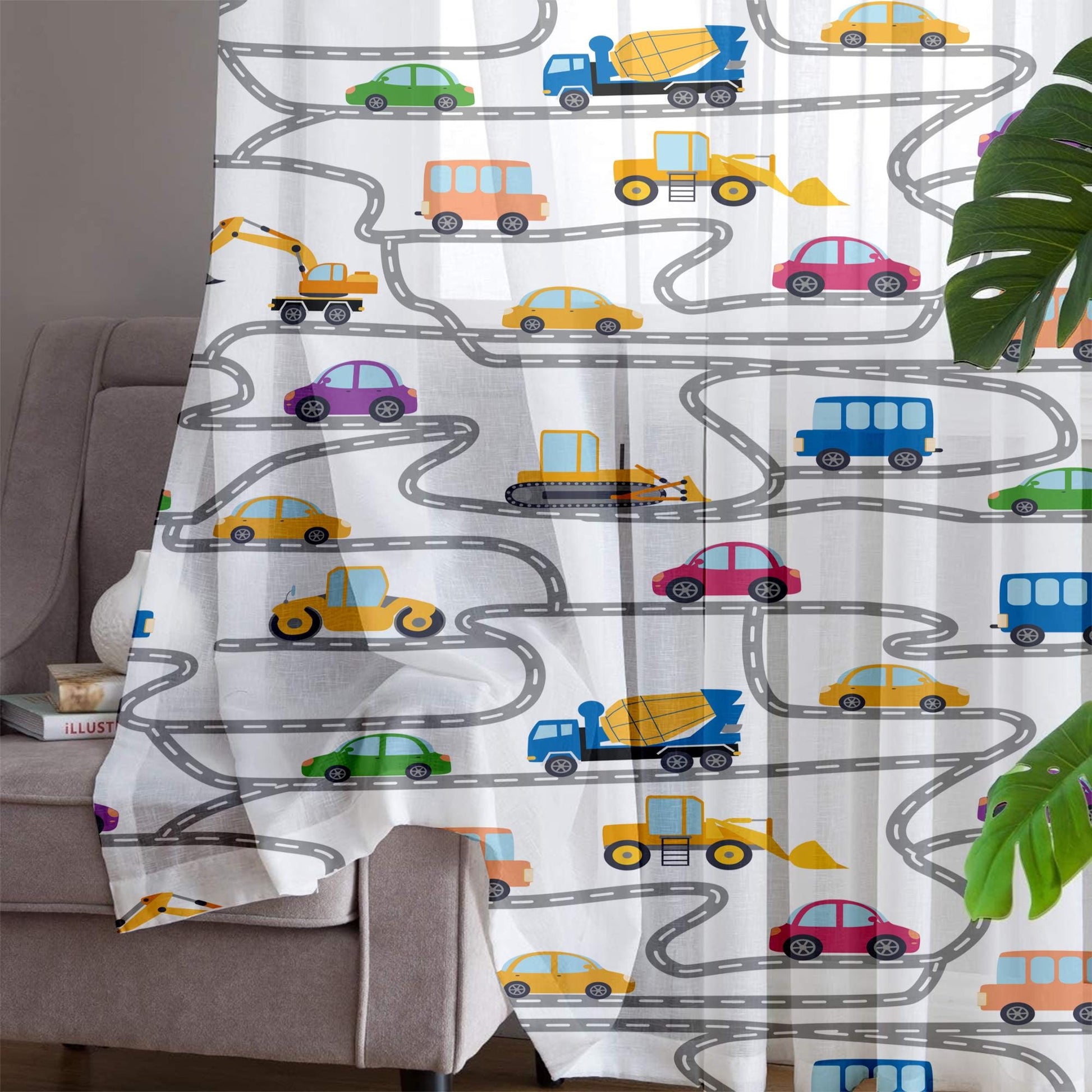 Construction Equipment Sheer Curtain for Kids Room, Lightweight Road Car Nursery Net Voile, Kids Room Window Drapes, Machine Washable
