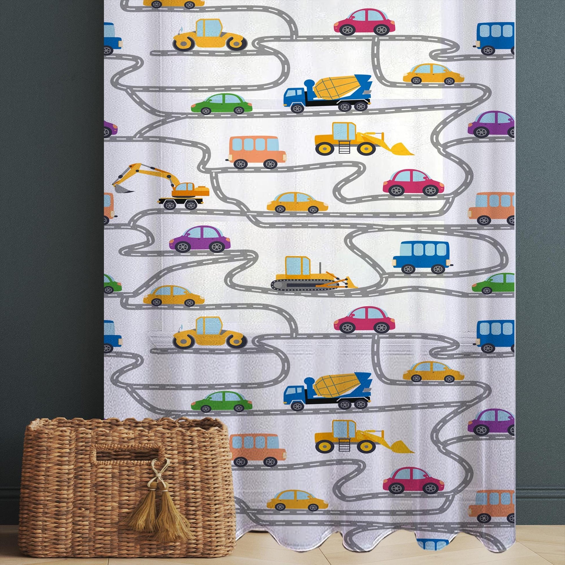 Construction Equipment Sheer Curtain for Kids Room, Lightweight Road Car Nursery Net Voile, Kids Room Window Drapes, Machine Washable