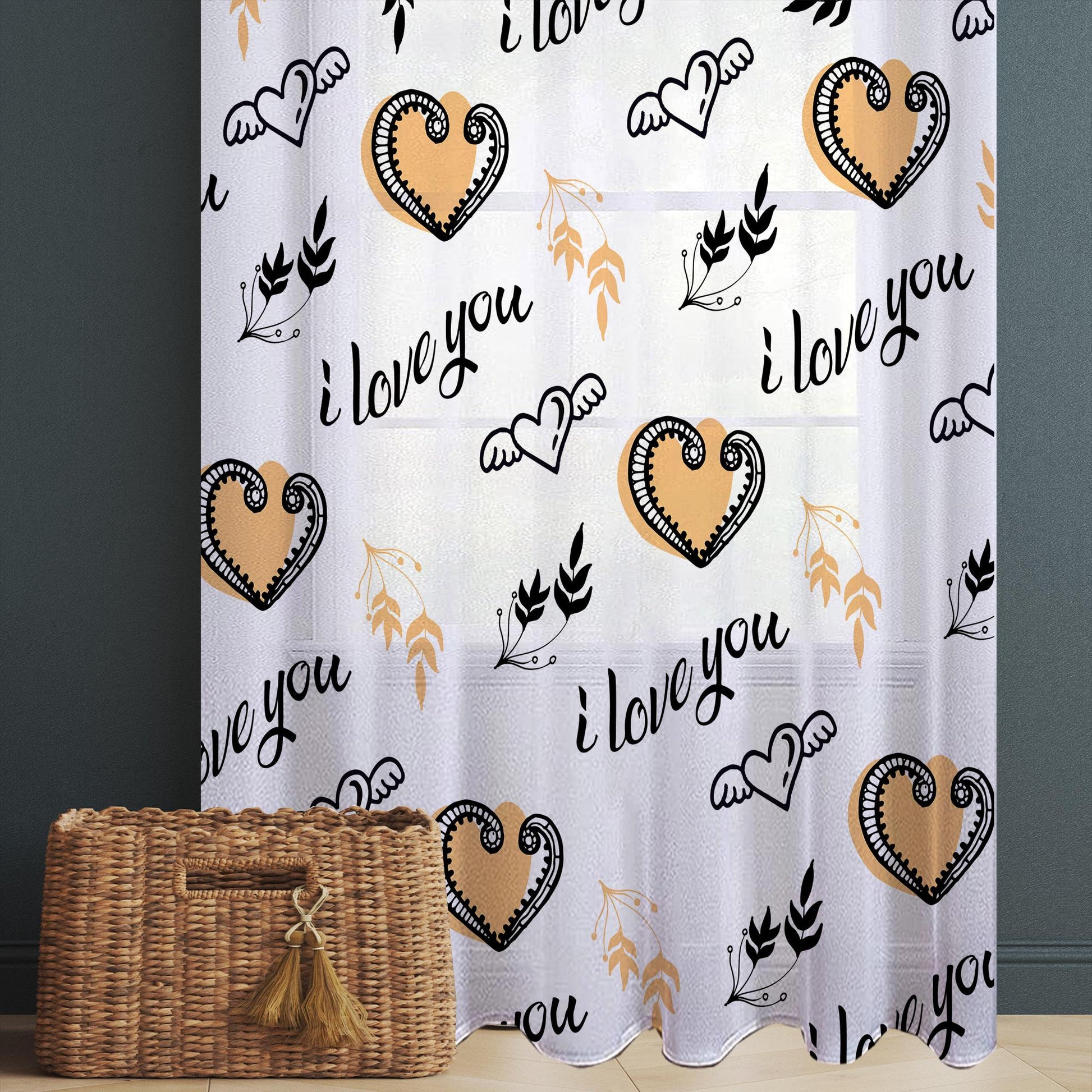 I love you Sheer Curtain for Kids Room, Lightweight Hearts Nursery Net Voile, Kids Room Window Drapes, Machine Washable