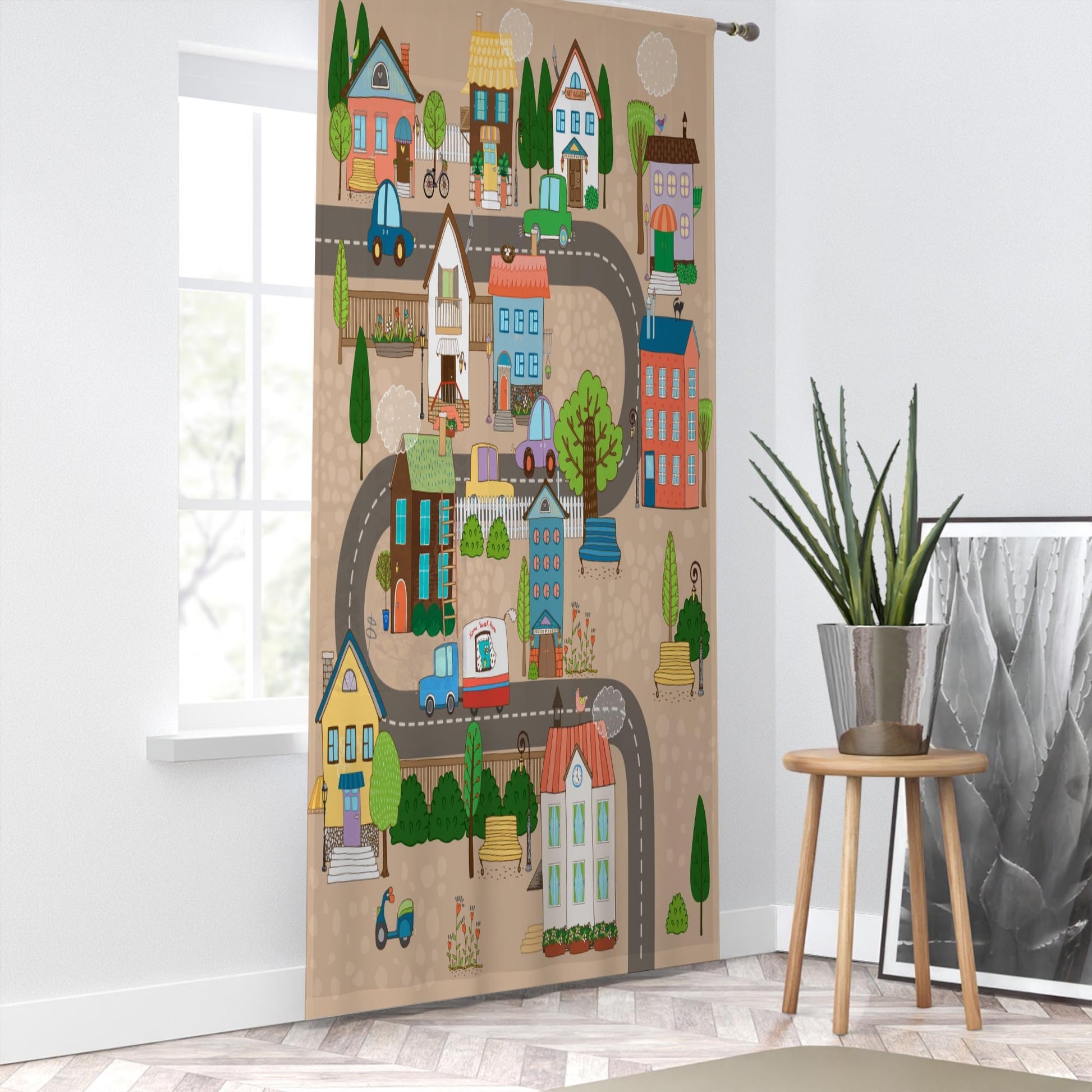 Houses Road Town Map Sheer Curtain for Girls Kids Room, Lightweight Nursery Net Voile, Kids Room Window Drapes, Machine Washable