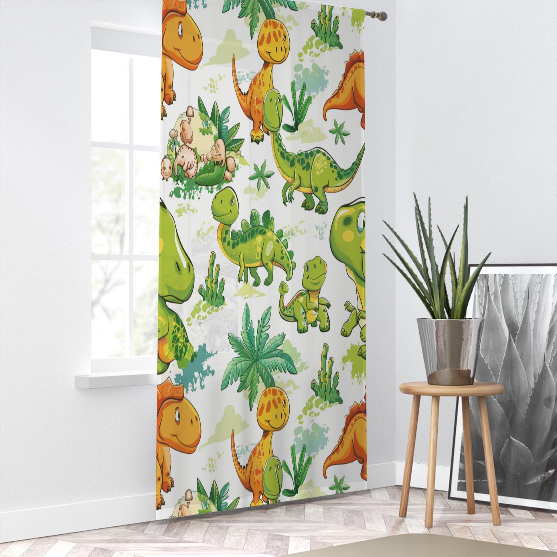 Dinosaur Sheer Curtain for Kids Room, Lightweight Green Orange Dino Jurassic Nursery Net Voile, Kids Room Window Drapes, Machine Washable